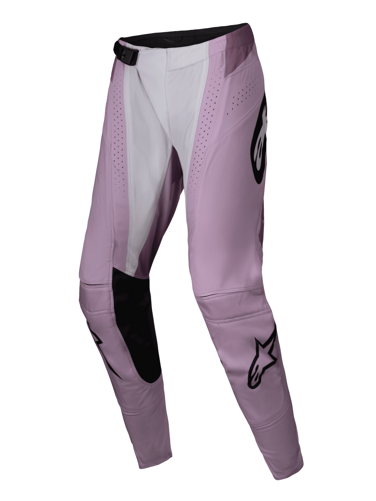 Alpinestars 2025 Stella Techstar Melt Pants, calças de motocross para mulher, rosa e brancas com detalhes pretos, com perfurações a laser, joelhos internos reforçados e logótipos de estrela pretos, concebidas para corridas de todo-o-terreno de alto desempenho