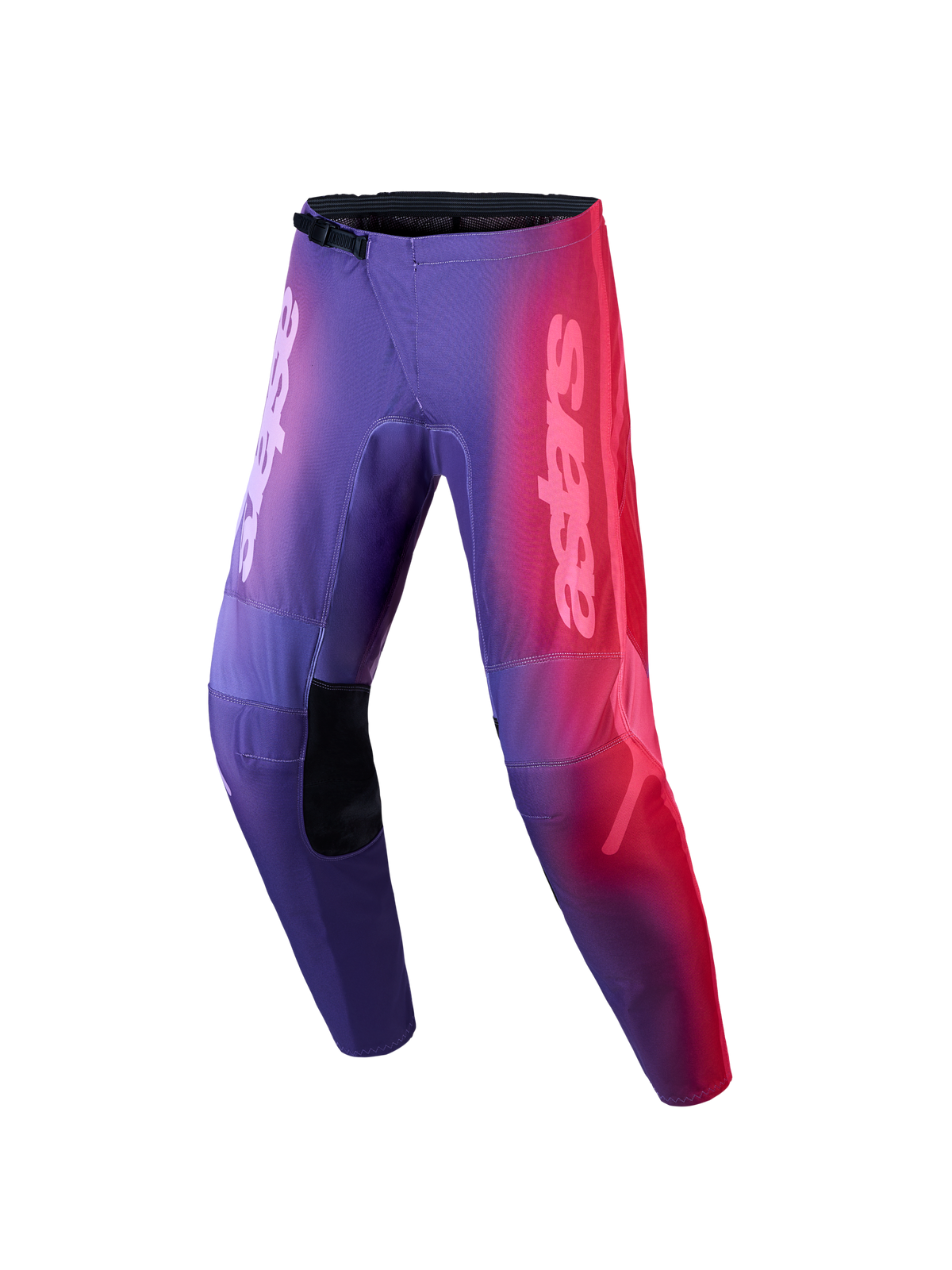 Alpinestars Stella Fluid Kepler, calças de motocross para mulher, roxas e vermelhas, pernas pré-curvadas e ajuste ergonómico.