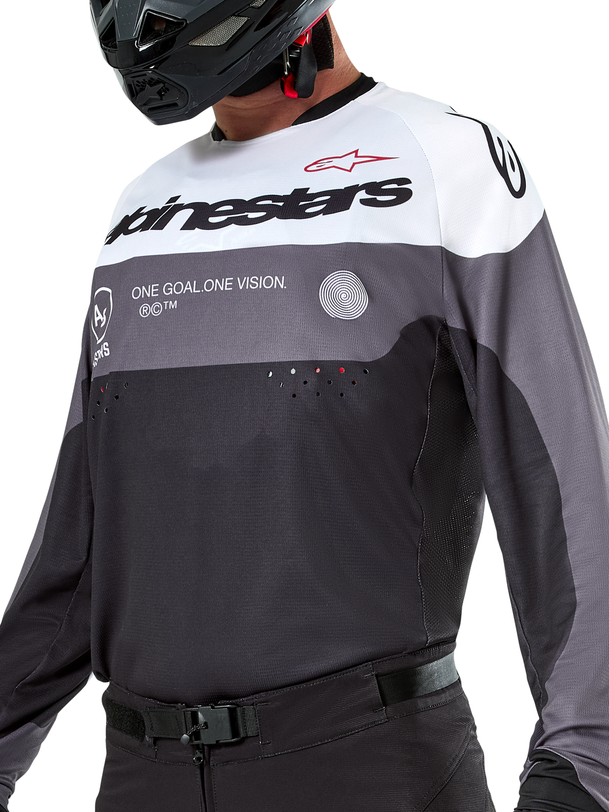 Alpinestars Pro-Dura Jersey, camisola de motocross e enduro, preto, magnet e branco, vestuário técnico para todo-o-terreno com perfurações cortadas a laser e construção em tecido de poliéster respirável