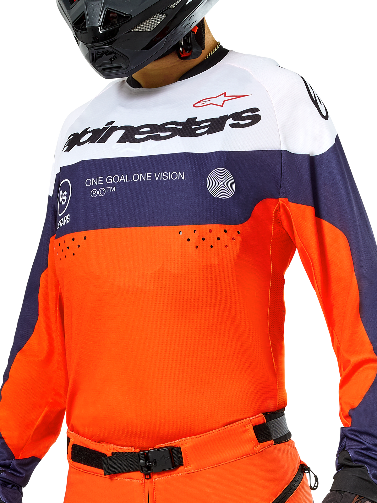 Camisola Alpinestars Pro-Dura, camisola de motocross e enduro, azul-marinho, laranja vibrante e branco, tecido leve com construção respirável, mangas compridas com punhos elásticos, design desportivo para todo-o-terreno