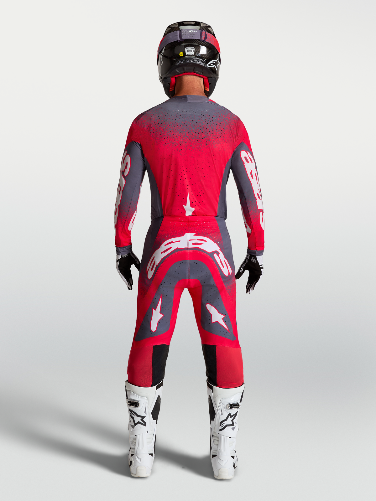 Alpinestars Supertech Hiten AFD Jersey, Red Fluo and Graystone, professional motocross racing gear, rear view on-model.