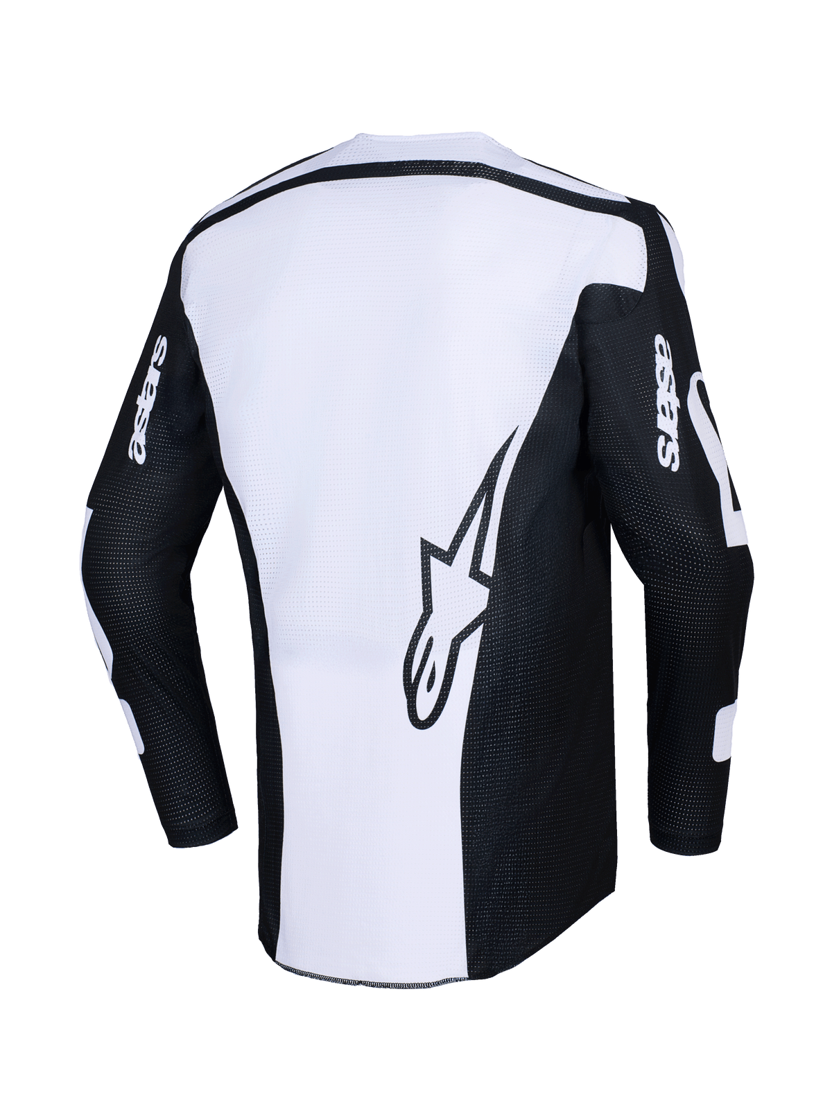 Alpinestars 2026 Racer Air Riway Jersey, camisola de motocross, preta e branca, vista traseira com logótipo de estrela grande no painel branco, mangas pretas com marca 'astars', tecido de malha perfurada para fluxo de ar, equipamento técnico para condução off-road