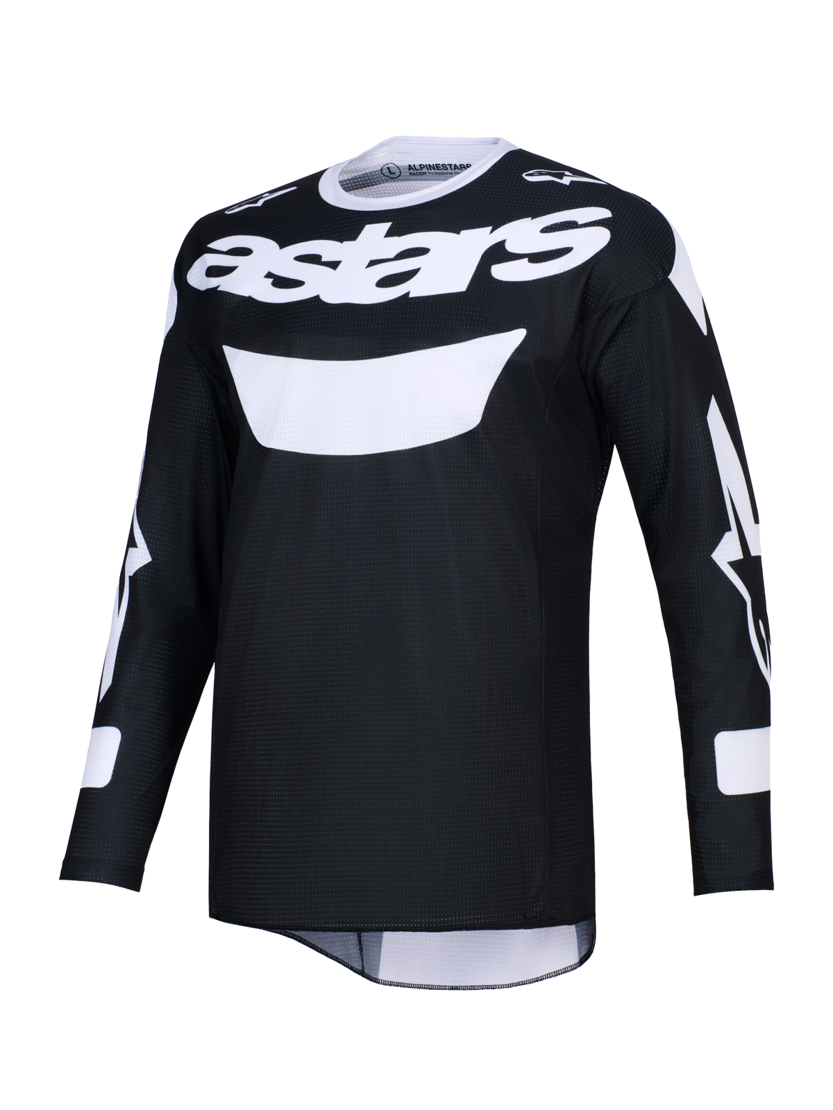 Camisola Alpinestars 2026 Racer Air Riway, camisola de motocross preta e branca, com logótipo astars branco no peito, tecido de malha leve para elevado fluxo de ar, mangas compridas e corte atlético para performance off-road