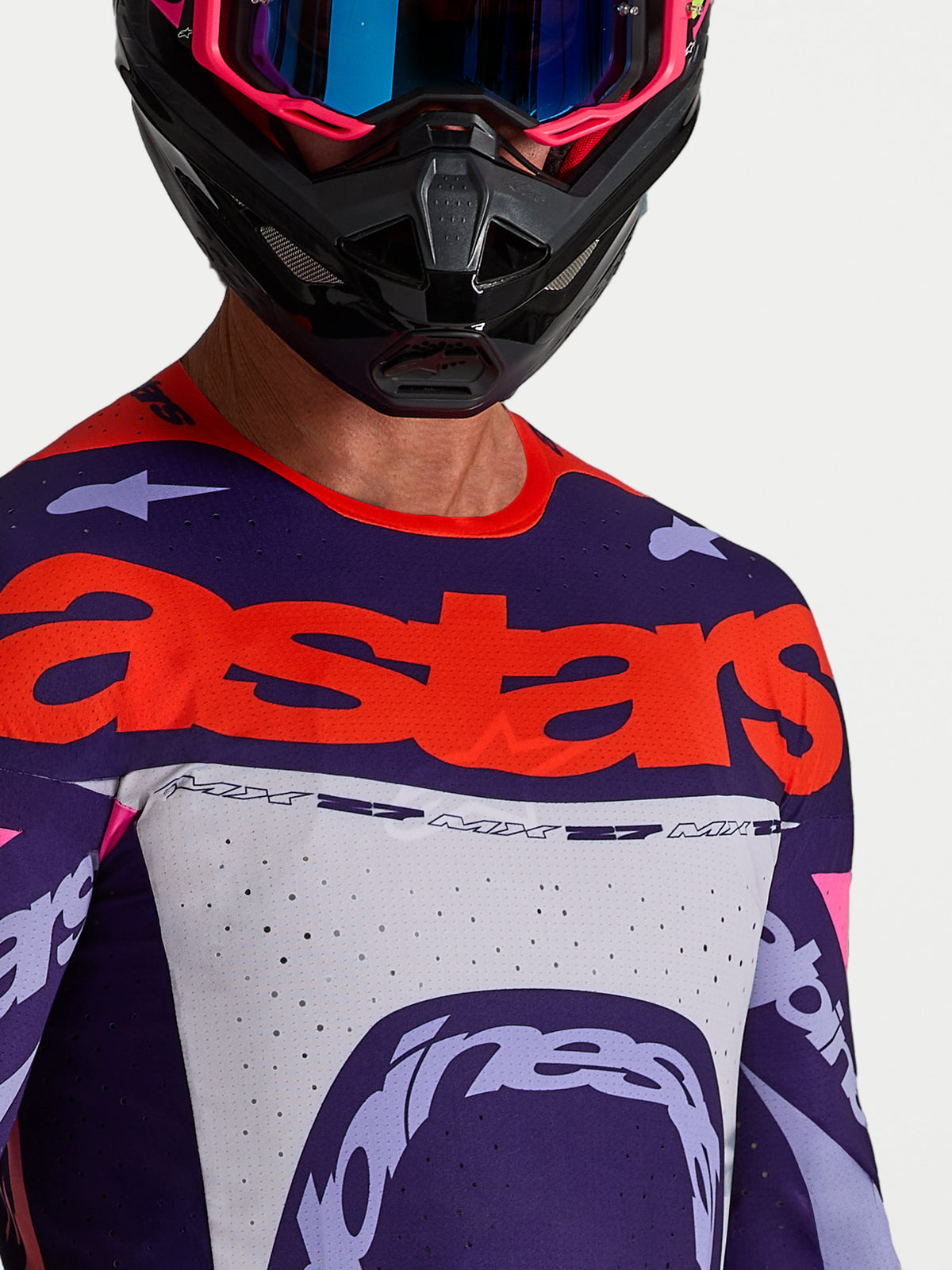 Alpinestars Supertech Dyna Jersey, Men's Motocross Racing Top, Purple and Pink Fluo, with laser-cut mesh and red logos.