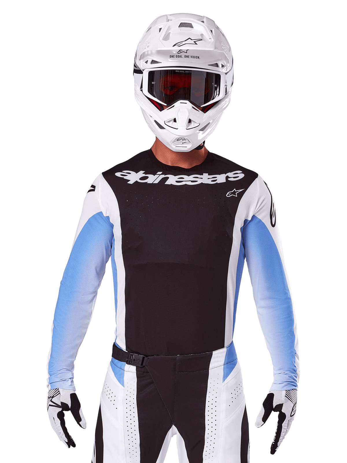 Alpinestars 2025 Techstar Melt Jersey, equipamento de motocross, preto, branco e azul, camisola de manga comprida com calças e luvas coordenadas, piloto com equipamento completo de MX, capacete branco e óculos de proteção