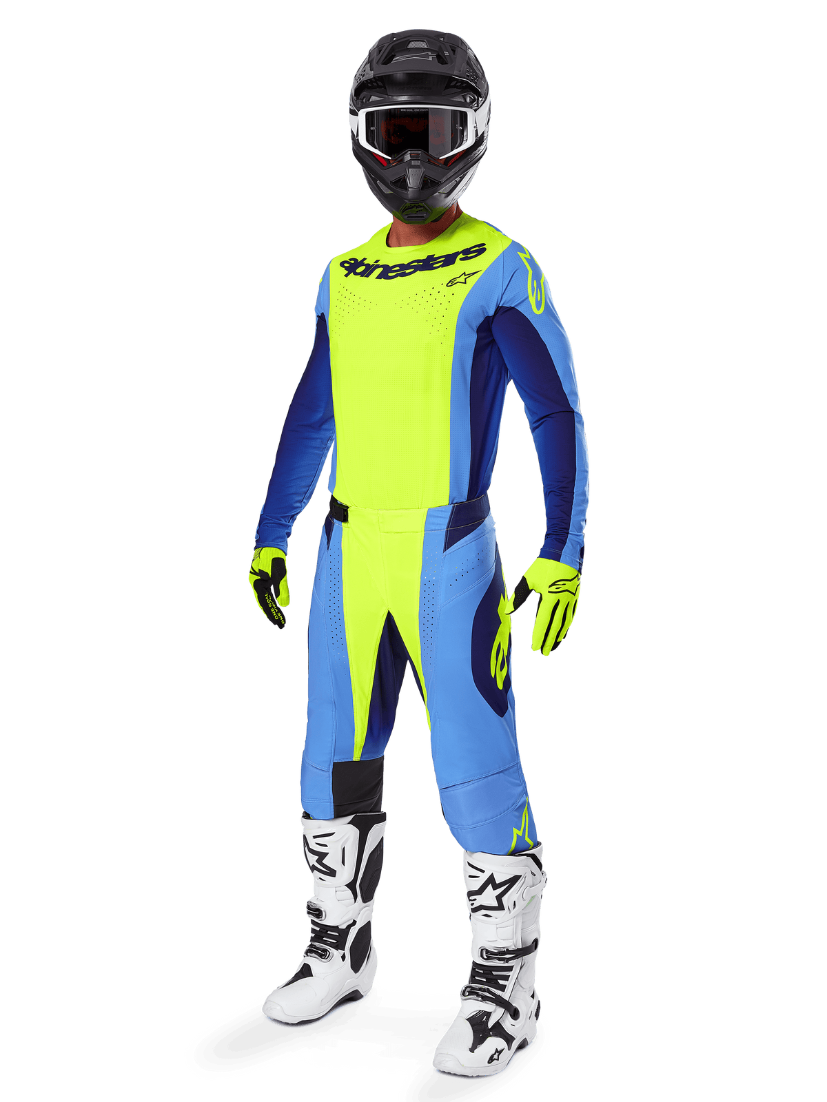 Motocross rider wearing Alpinestars 2025 Techstar Melt Jersey, Yellow Fluo and Blue, paired with matching pants, black helmet with goggles, yellow gloves, and white and black boots, complete coordinated performance gear for off-road racing