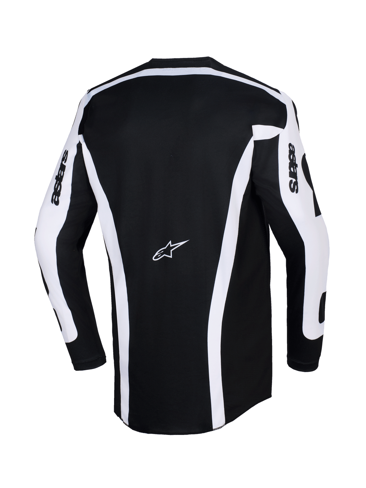 Camisola Alpinestars Racer Riway 2026, camisola de motocross, branca e preta, vista traseira mostrando o corpo preto com riscas verticais brancas e painéis nas mangas, logótipo Astars no centro das costas, texto 'astars' nas mangas, corte traseiro alongado para maior cobertura em condução off-road