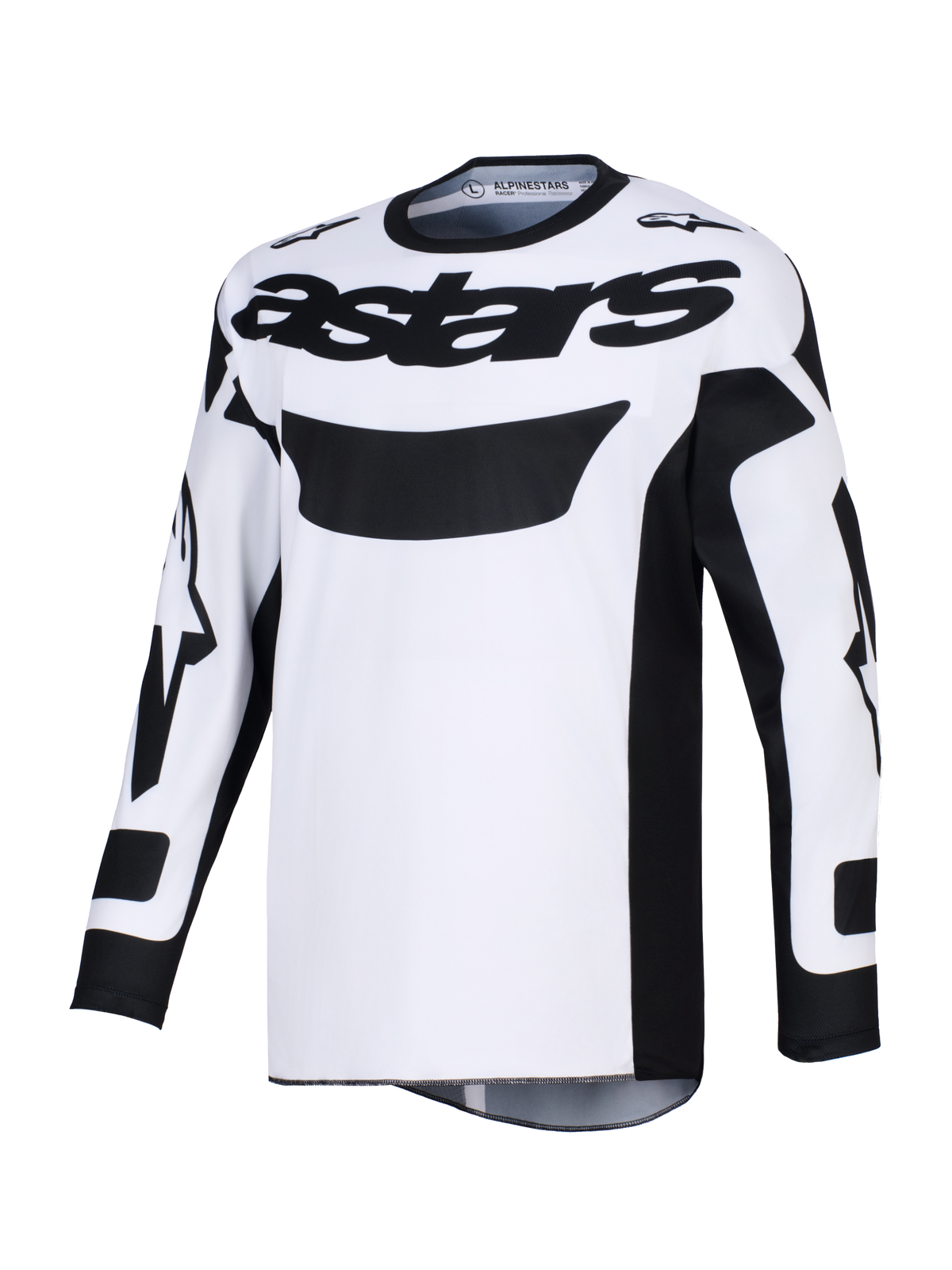 Alpinestars 2026 Racer Riway Jersey, camisola de motocross, branca e preta, com a marca 'astars' em destaque a preto no peito, tecido de poliéster que absorve a humidade e ajuste de corrida ergonómico para condução todo-o-terreno