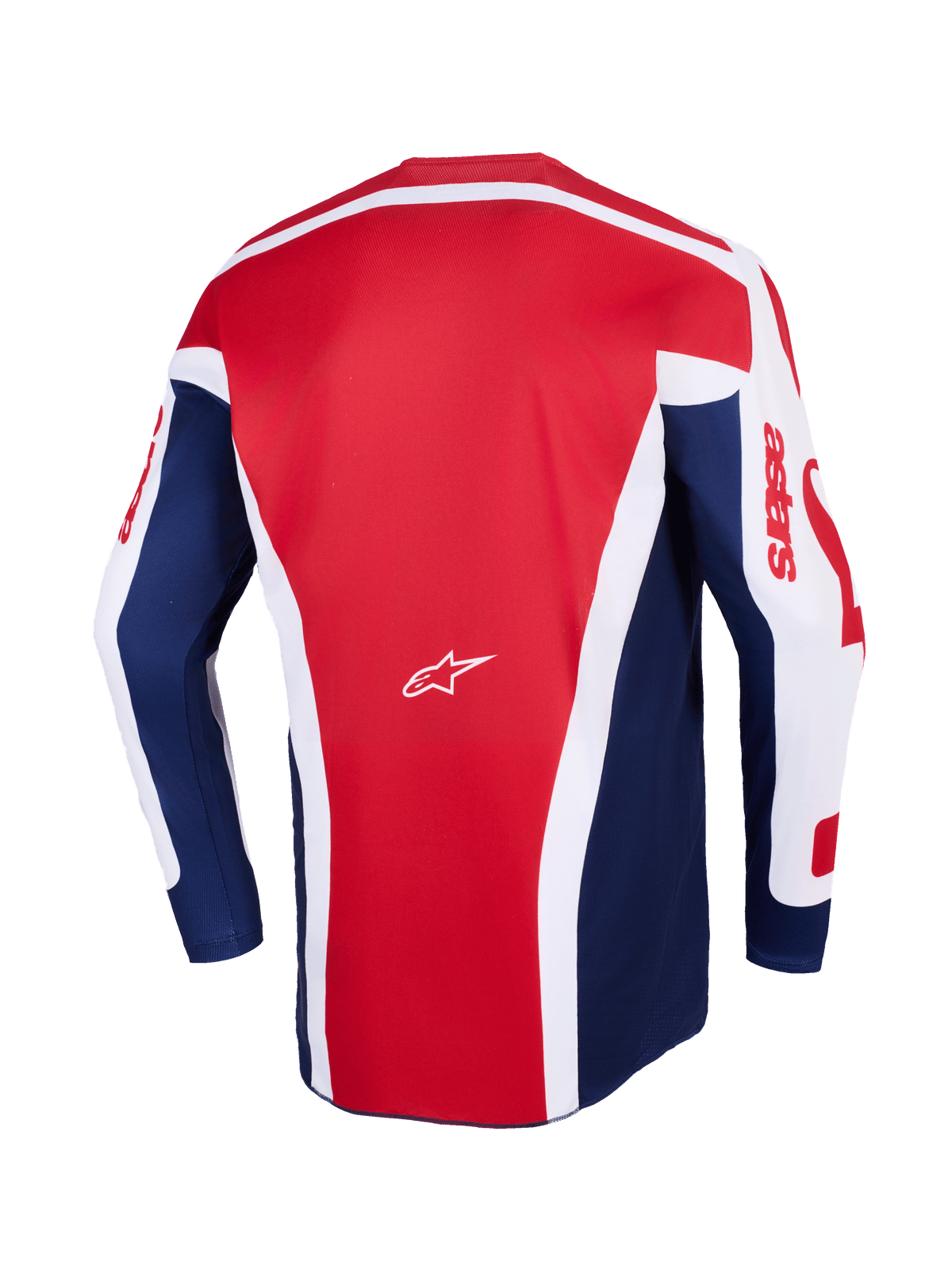 Camisola Alpinestars 2026 Racer Riway, camisola de motocross, branca, azul e vermelha, vista traseira com um grande painel central vermelho, pormenores angulares brancos, painéis laterais azuis e mangas brancas com o logótipo astars em vermelho e um pequeno logótipo Alpinestars branco no centro.