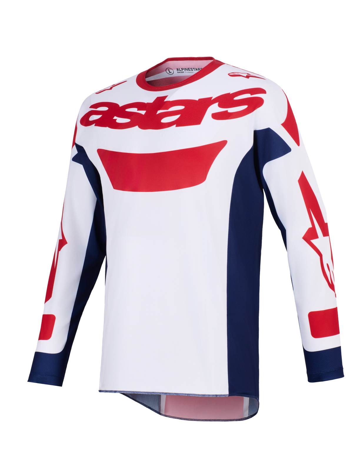 Alpinestars 2026 Racer Riway Jersey, camisola de motocross branca, azul e vermelha, logótipo astars vermelho no peito, painéis laterais em azul-marinho, mangas compridas com grafismos vermelhos, equipamento de alto desempenho para condução off-road
