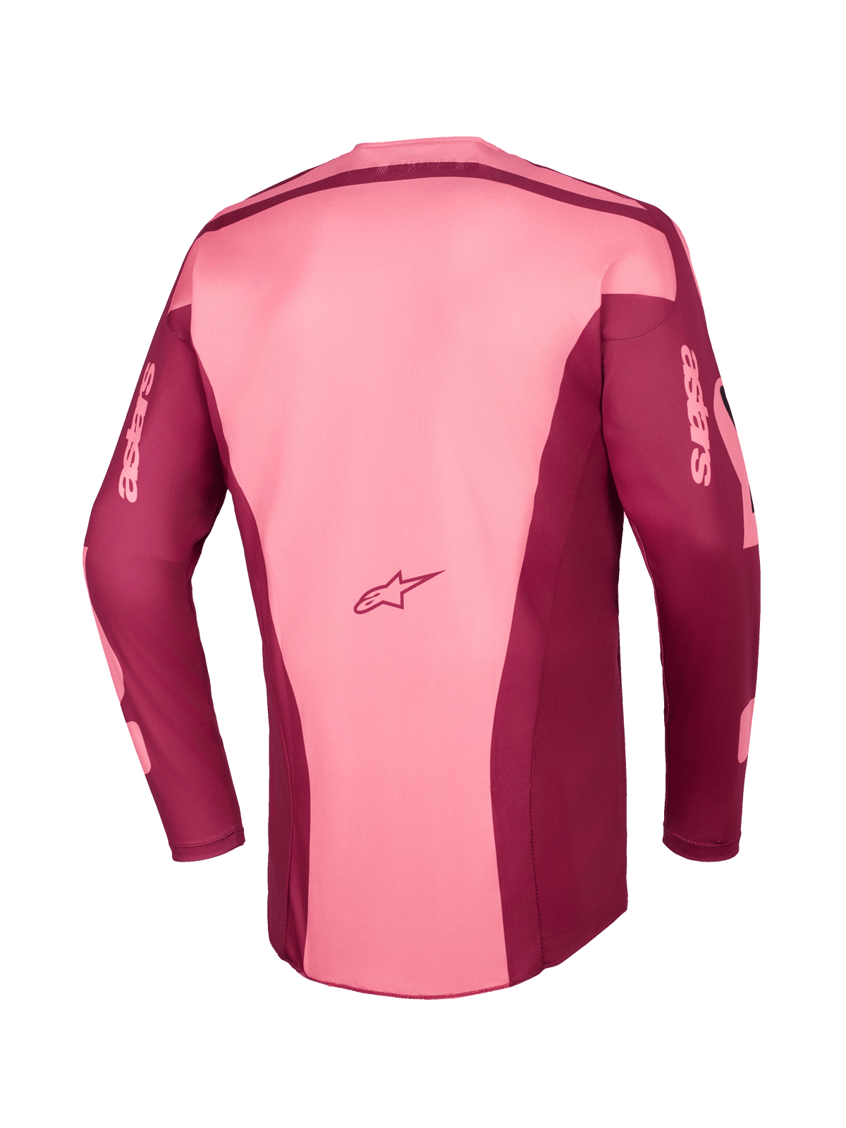 Alpinestars 2026 Racer Riway Jersey, camisola de motocross, Dark Red Coral, vista traseira mostrando construção multi-painel, logótipo Astars na parte inferior das costas e marca astars nas mangas compridas, equipamento de performance para todo-o-terreno
