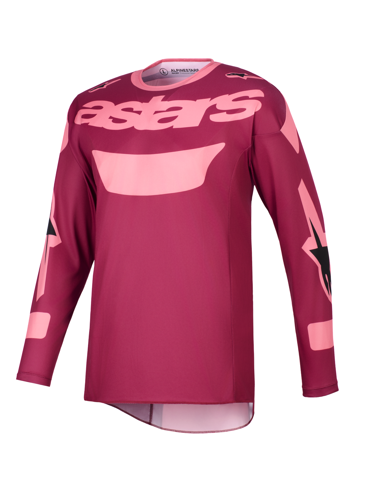 Alpinestars 2026 Racer Riway Jersey, camisola de motocross, vermelho coral escuro com texto "astars" cor-de-rosa claro no peito e detalhes gráficos nas mangas, equipamento técnico de manga comprida para desempenho em todo-o-terreno