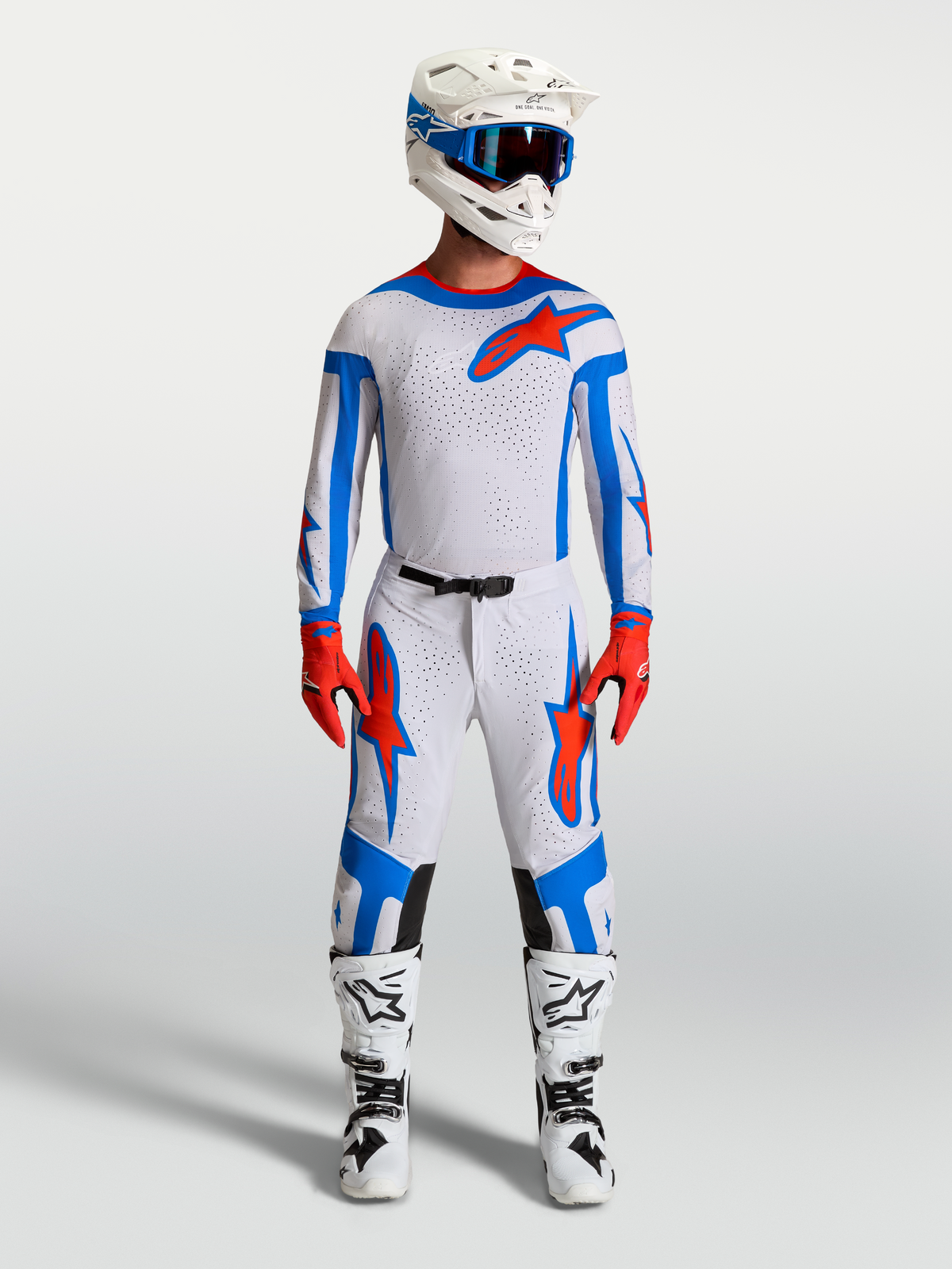 Alpinestars Supertech Vesta Jersey and Gear Set, men's motocross racing outfit in light lilac and cardinal red.
