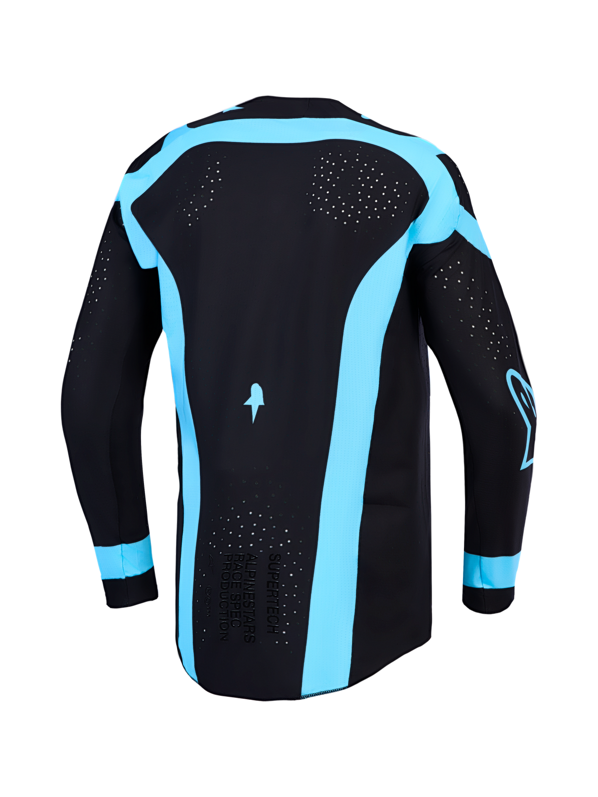 Alpinestars Supertech Vesta Jersey, black and turquoise men's motocross top featuring laser-cut back ventilation.