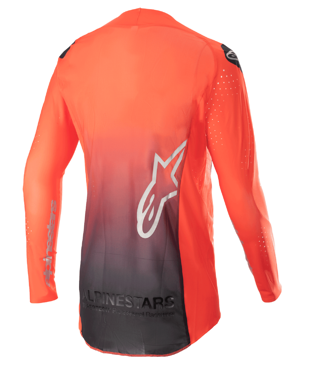 Alpinestars 2023 Supertech Risen Jersey, camisola de motocross, laranja vibrante e preto, vista traseira com design em degradê de laranja para preto, grande logótipo de estrela branco nas costas, tecido de malha respirável para performance todo-o-terreno