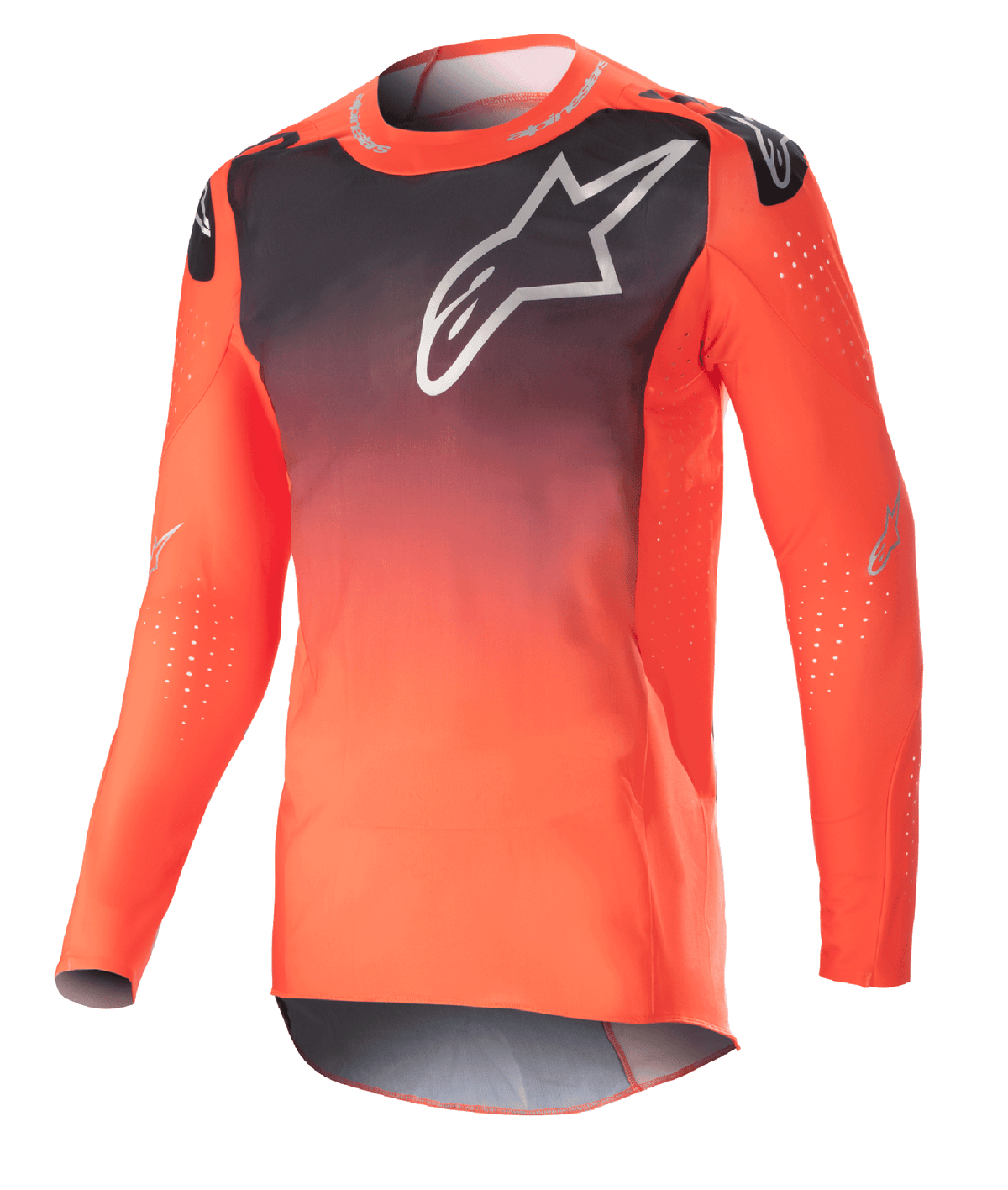 Alpinestars 2023 Supertech Risen Jersey, camisola de motocross, degradê em laranja vibrante e preto, com um grande logótipo branco no peito, perfurações a laser para ventilação, tecido de malha elástica leve, ajuste de performance para competição