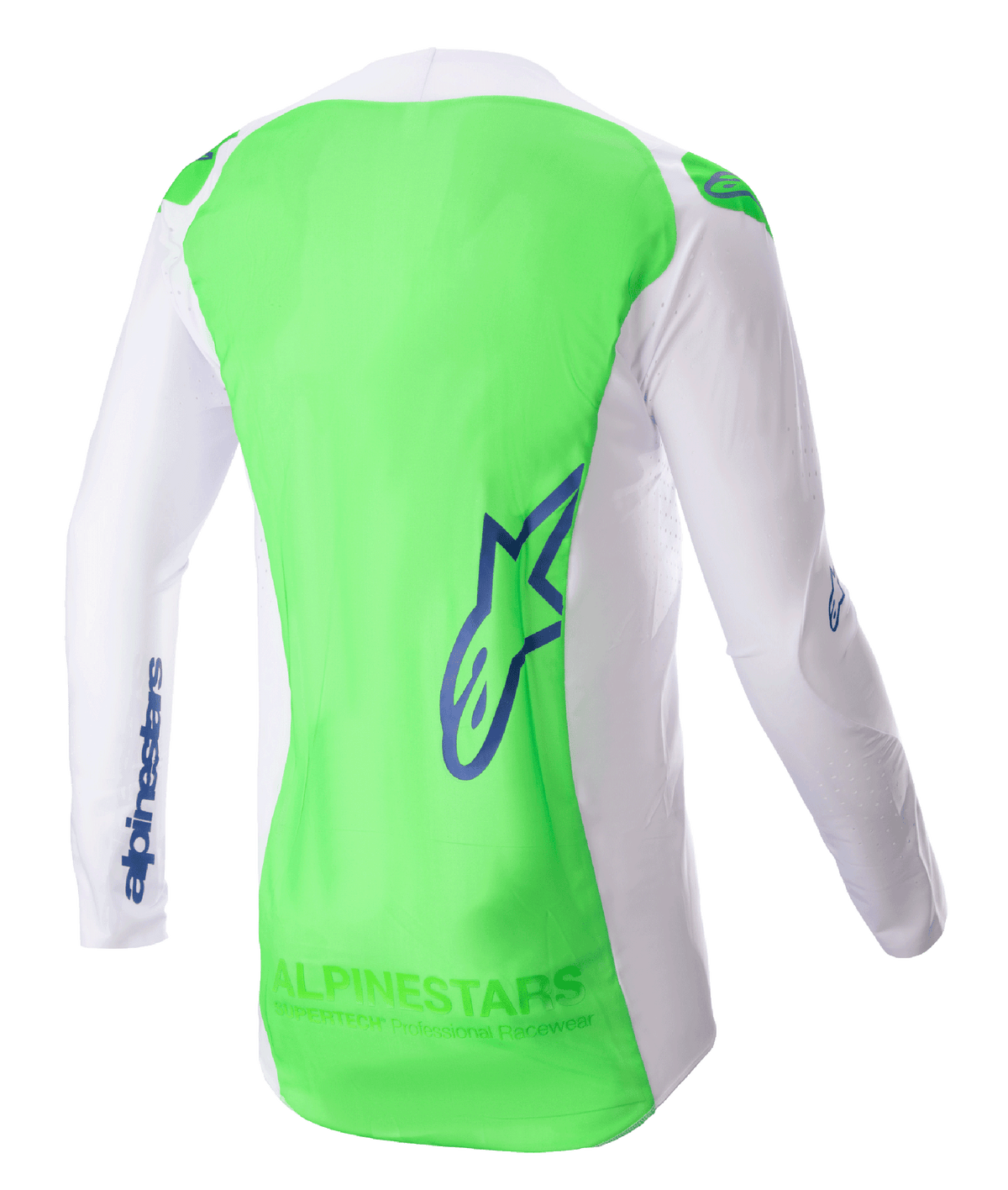 Alpinestars 2023 Supertech Risen Jersey, camisola de motocross, branca e verde fluorescente com detalhes em azul, vista traseira destacando a malha elástica respirável e o painel traseiro prolongado para cobertura, equipamento de performance leve para corridas de todo-o-terreno