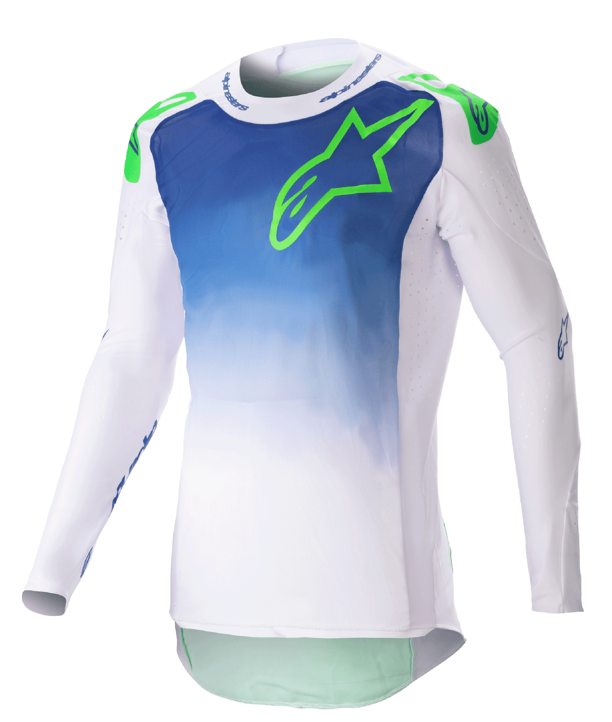 Alpinestars 2023 Supertech Risen Jersey, camisola de motocross, azul e branca com logótipo verde fluo, design em degradé no torso, mangas compridas perfuradas, corte atlético de corrida, equipamento de corrida para todo-o-terreno