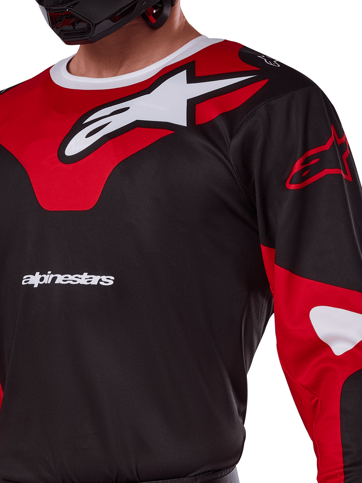 Alpinestars 2025 Racer Veil Jersey, camisola de motocross, preto e vermelho vivo, grande plano com o logótipo Astars branco num painel peitoral vermelho, nome da marca em branco e tecido técnico que absorve a humidade.