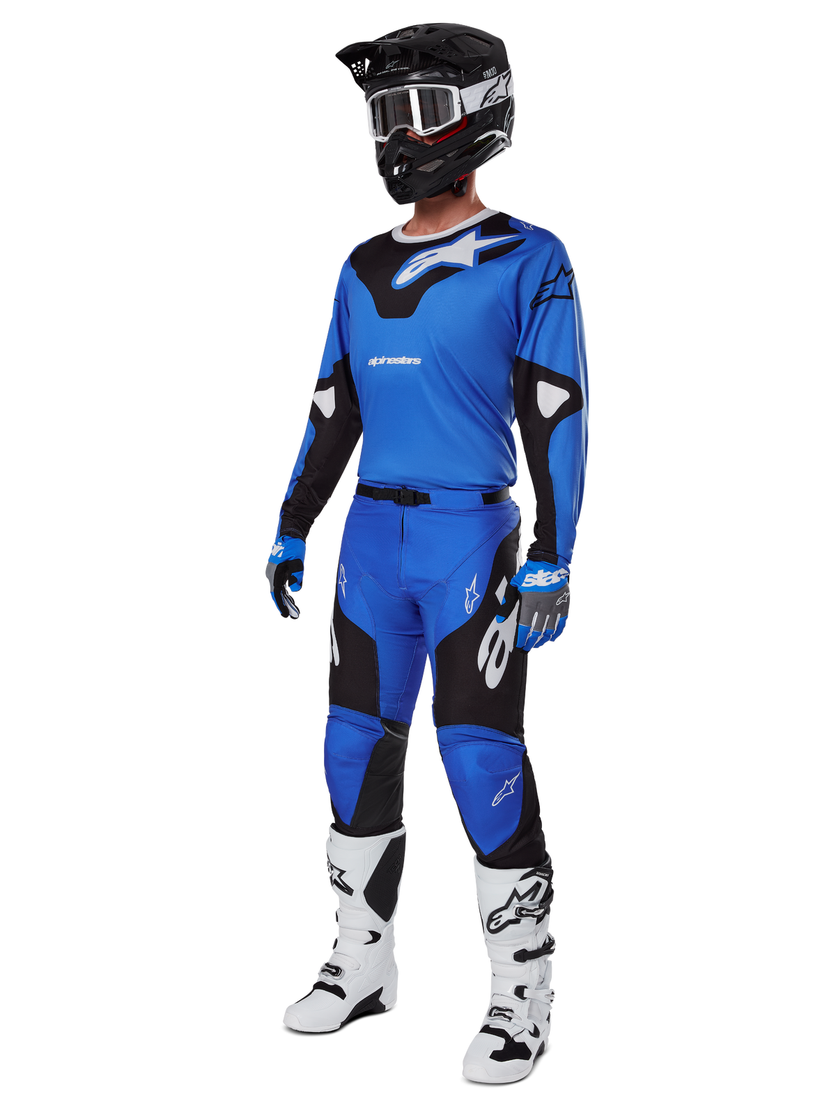 Alpinestars 2025 Racer Veil Gear Set, camisola e calças de motocross azul e preto, conjunto completo de corrida MX com capacete preto, óculos brancos e botas brancas, equipamento técnico para todo-o-terreno