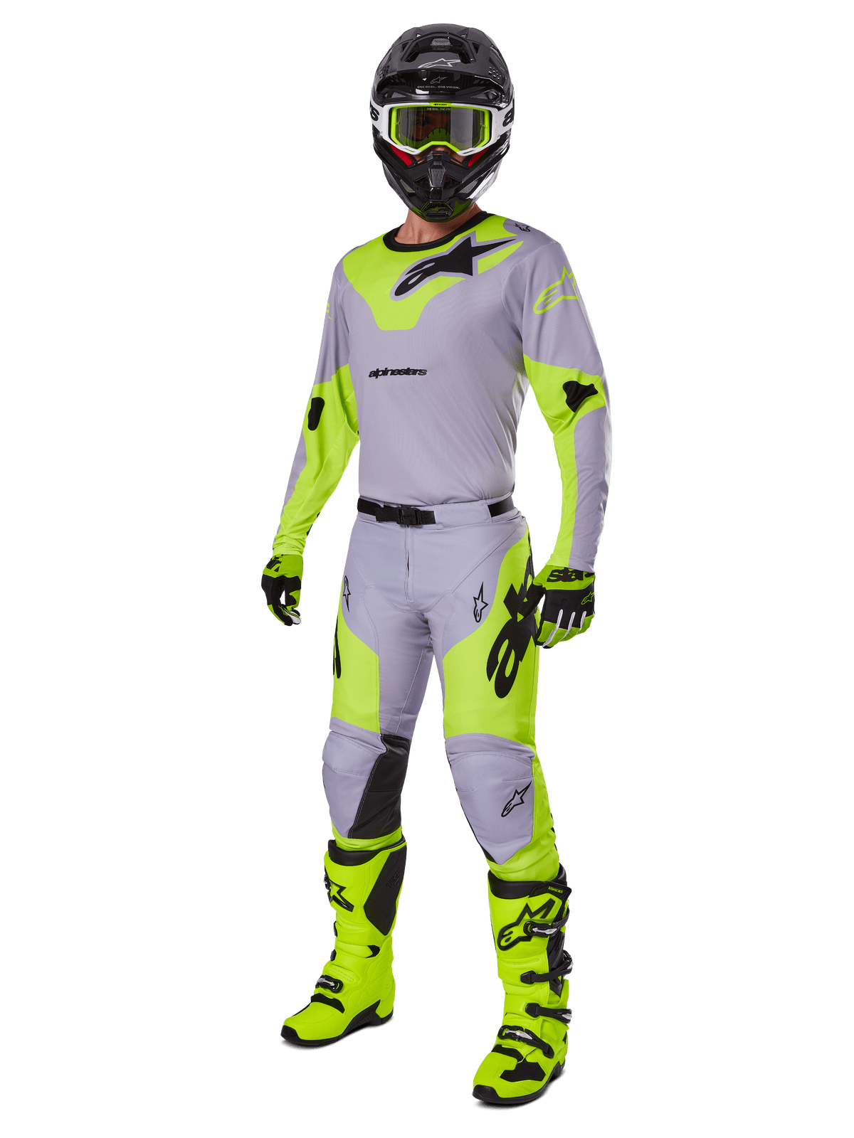 Conjunto de Equipamento Alpinestars 2025 Racer Veil, fato de motocross completo, cinzento e amarelo néon fluo, composto por camisola, calças, capacete, óculos, luvas e botas com detalhes pretos, equipamento profissional para desempenho em todo-o-terreno