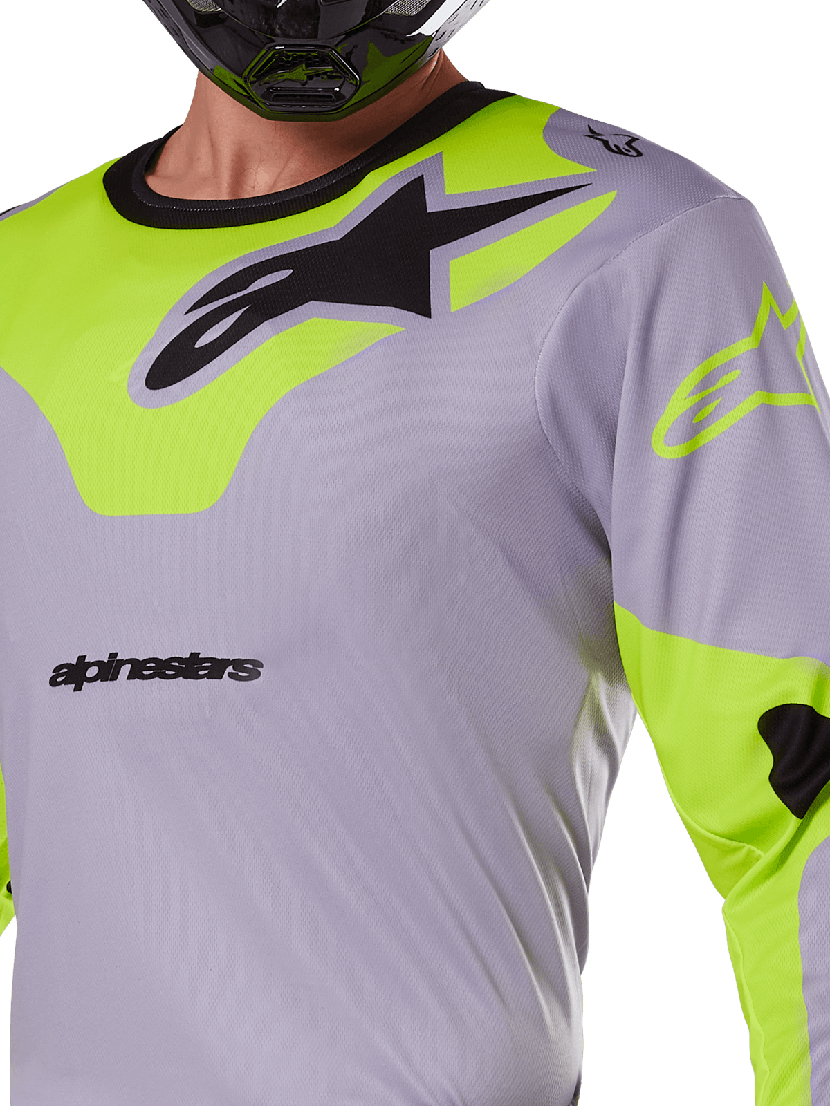 Alpinestars 2025 Racer Veil Jersey, camisola de motocross, cinzenta e amarelo fluo, com um grande logótipo Astars preto no peito, painéis nos ombros e mangas em amarelo néon, tecido de malha técnica para corridas todo-o-terreno