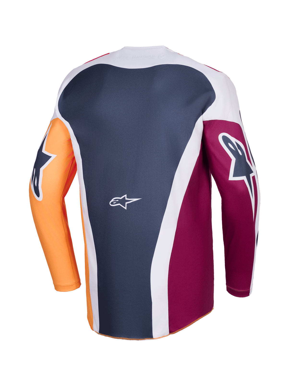 Camisola Alpinestars Racer Portl 2026, camisola de motocross, vermelho alaranjado e cinzento escuro, vista traseira que mostra a construção de múltiplos painéis, logótipo Alpinestars branco na zona lombar, logótipos gráficos arrojados nas mangas compridas, equipamento de performance para corridas todo-o-terreno