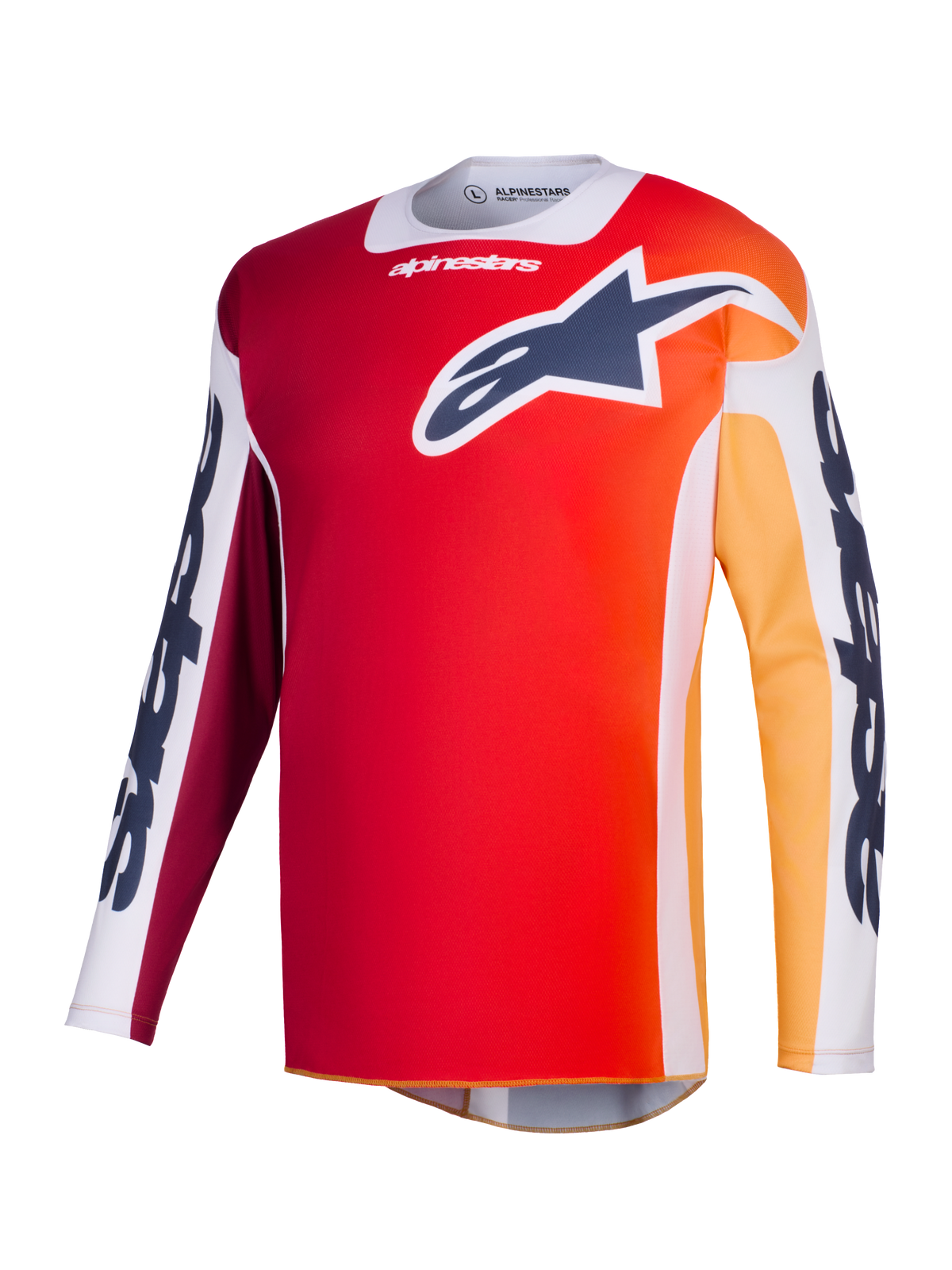 Alpinestars 2026 Racer Portl Jersey, camisola de motocross, vermelha com gradiente em laranja e amarelo, logótipo Astar azul marinho no peito, painéis brancos nas mangas com marca Alpinestars em destaque, equipamento técnico de performance para todo-o-terreno