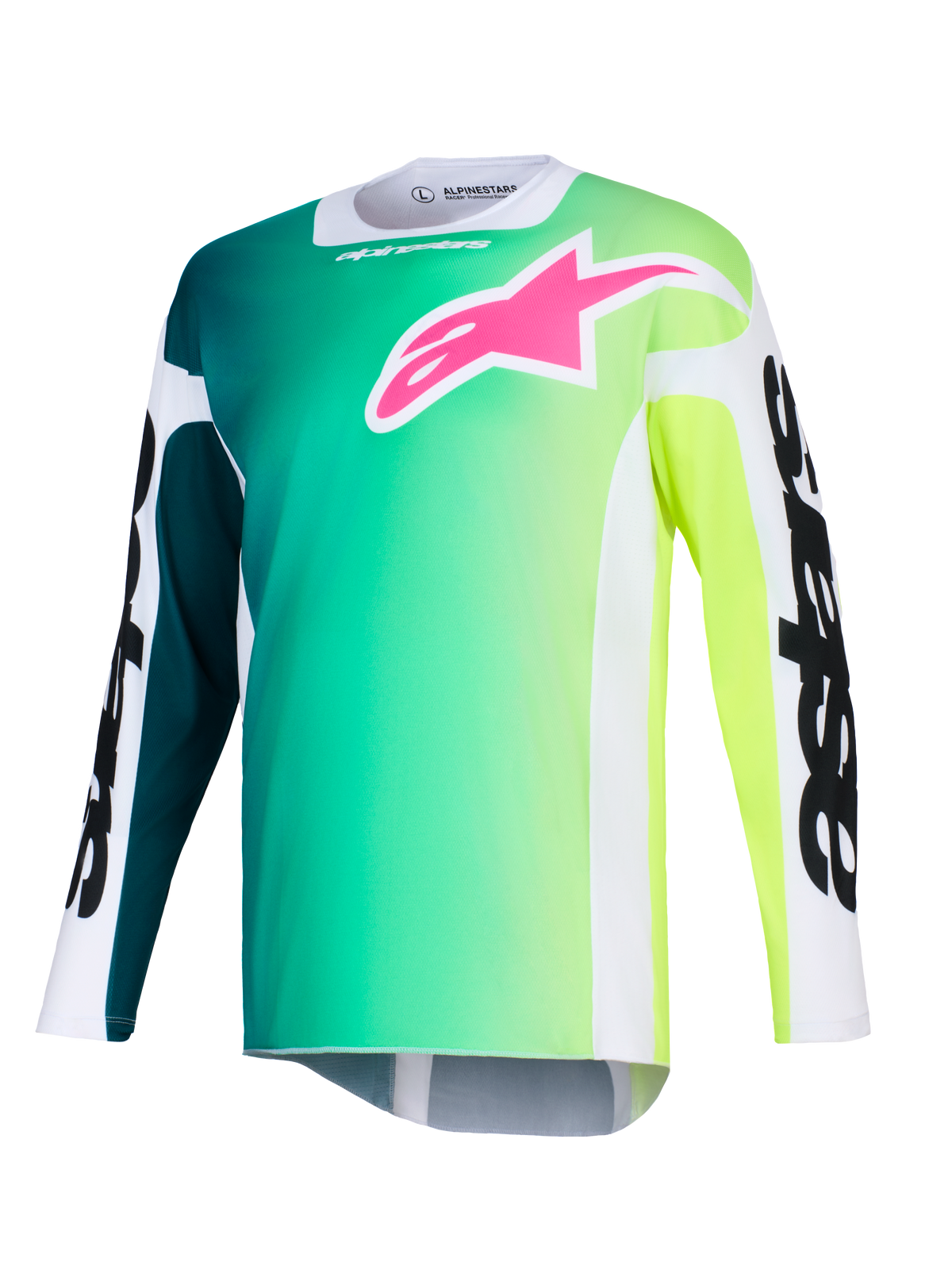 Alpinestars 2026 Racer Portl Jersey, camisola de motocross, gradiente de verde e amarelo, logótipo cor-de-rosa vibrante no peito, mangas brancas com texto Alpinestars em preto, tecido de performance leve para condução off-road