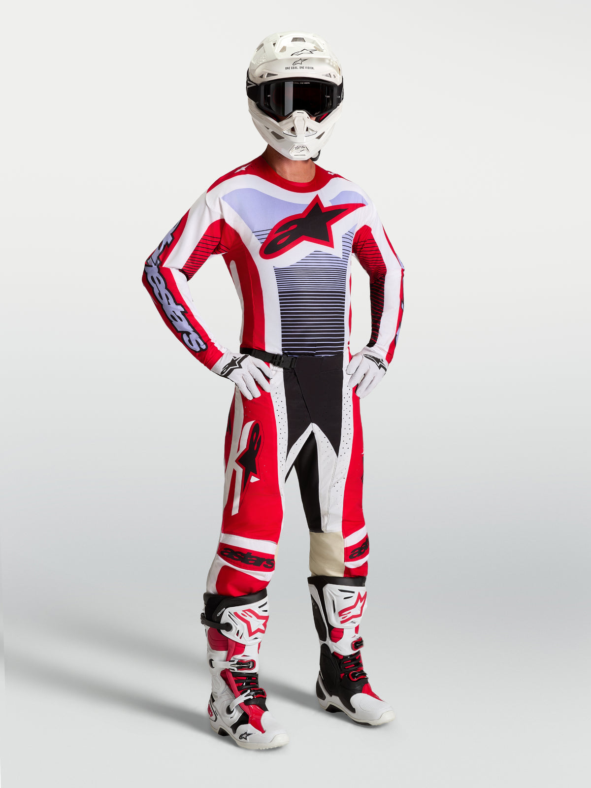 Alpinestars Techstar Maven Gear Set, conjunto de motocross para homem com camisola e calças, vermelho, branco e lavanda, ajuste de corrida ergonómico para performance em todo-o-terreno.