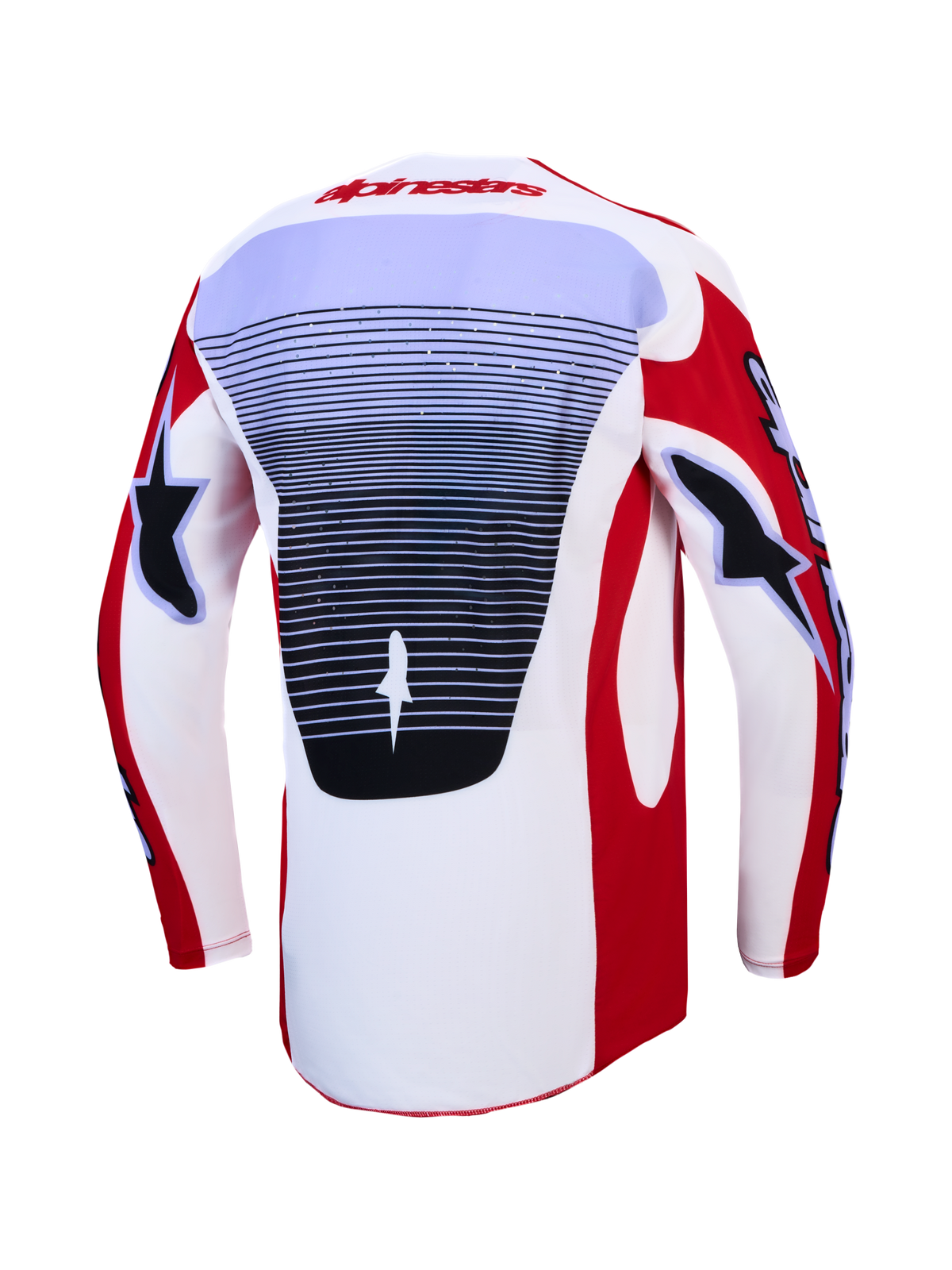 Alpinestars Techstar Maven e conjunto 2027, camisola de motocross vermelha e branca com painel traseiro ventilado.