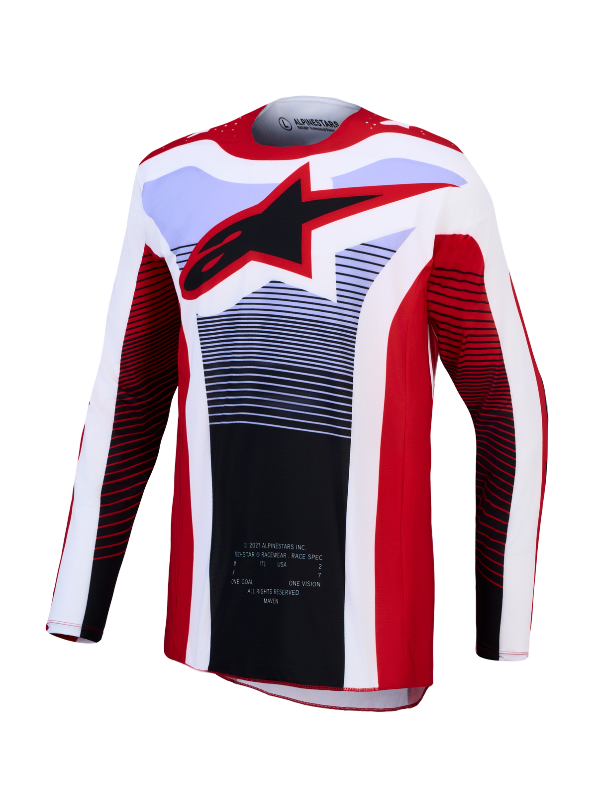 Alpinestars Techstar Maven, camisola de motocross, vermelha e branca, com logótipo de estrela preto e tecido respirável.