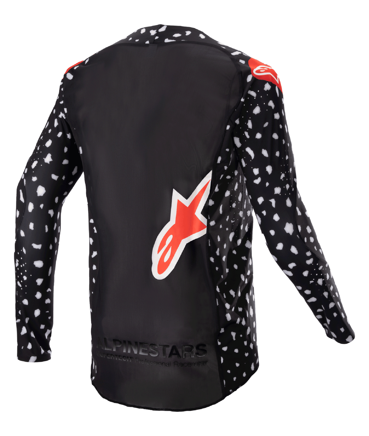 Alpinestars 2023 Supertech North Jersey, camisola de motocross, preta com padrão salpicado branco e detalhes em vermelho néon, vista traseira com grande logótipo Alpinestars vermelho e marca na parte inferior, equipamento de corrida todo-o-terreno de nível profissional