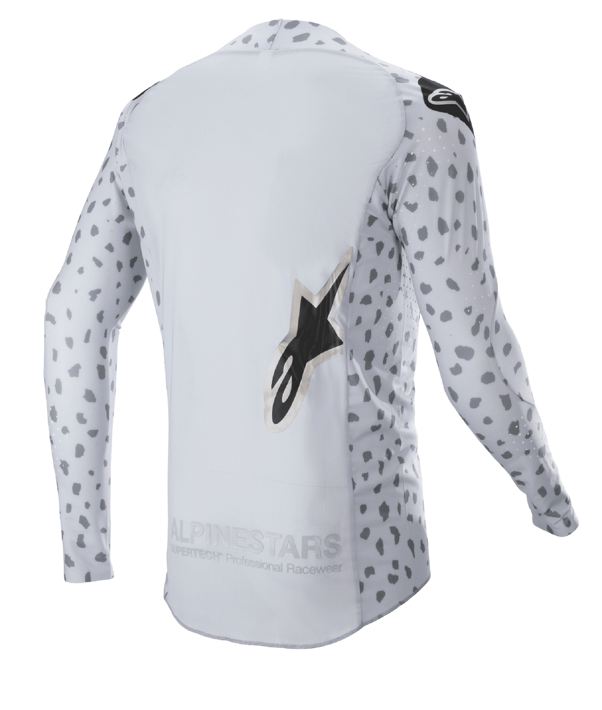 Alpinestars 2023 Supertech North Jersey, camisola de motocross, cinzento haze e preto, vista traseira com padrão abstrato de manchas nas mangas e laterais, logótipo de estrela grande, painel traseiro estendido e construção de performance respirável