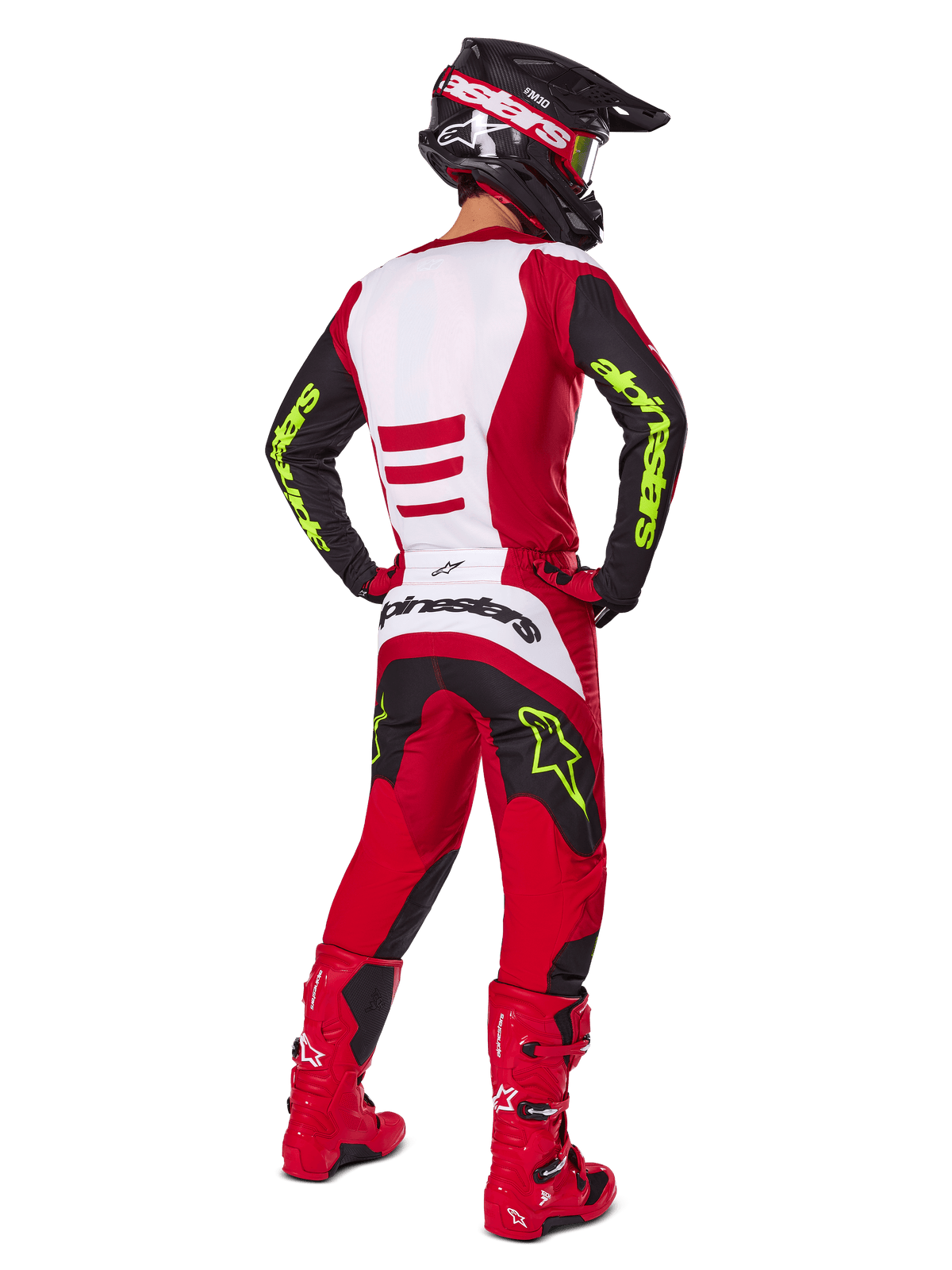 Camisola e conjunto Alpinestars Fluid Haul 2025, equipamento de motocross em vermelho e preto com detalhes em amarelo néon.