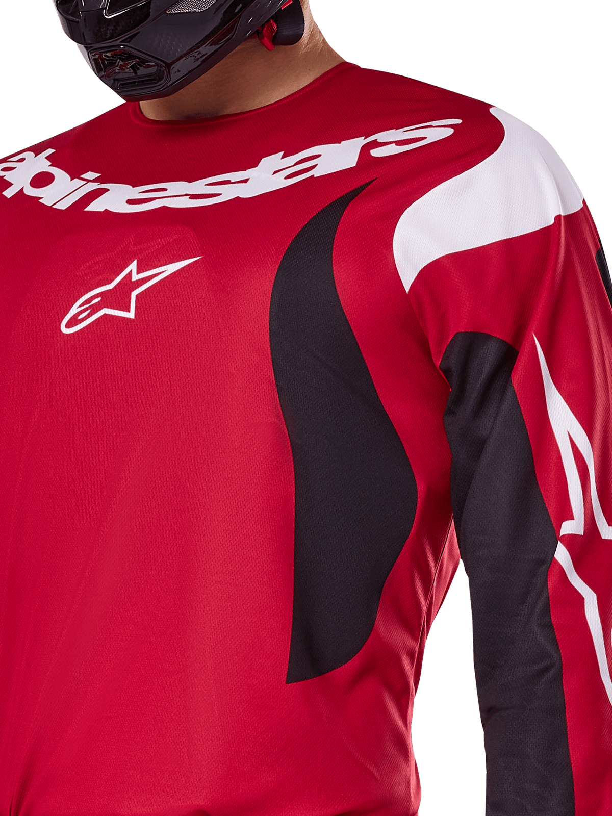 Alpinestars Camisola Fluid Haul 2025, camisola de motocross vermelha e preta com logótipos brancos e design ergonómico.
