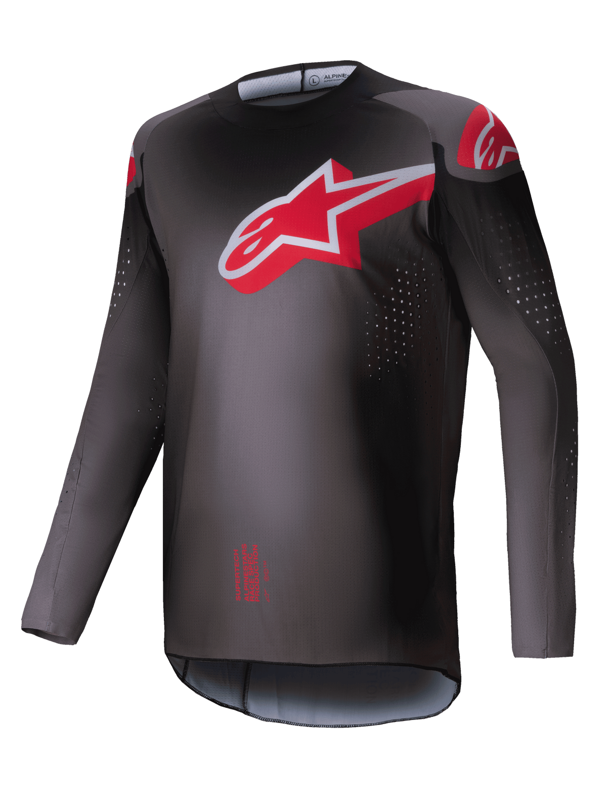 Alpinestars Camisola Supertech Lipan 2025, camisola de motocross off-road para homem, fumo e vermelho vivo, corte atlético ultraleve com perfurações cortadas a laser