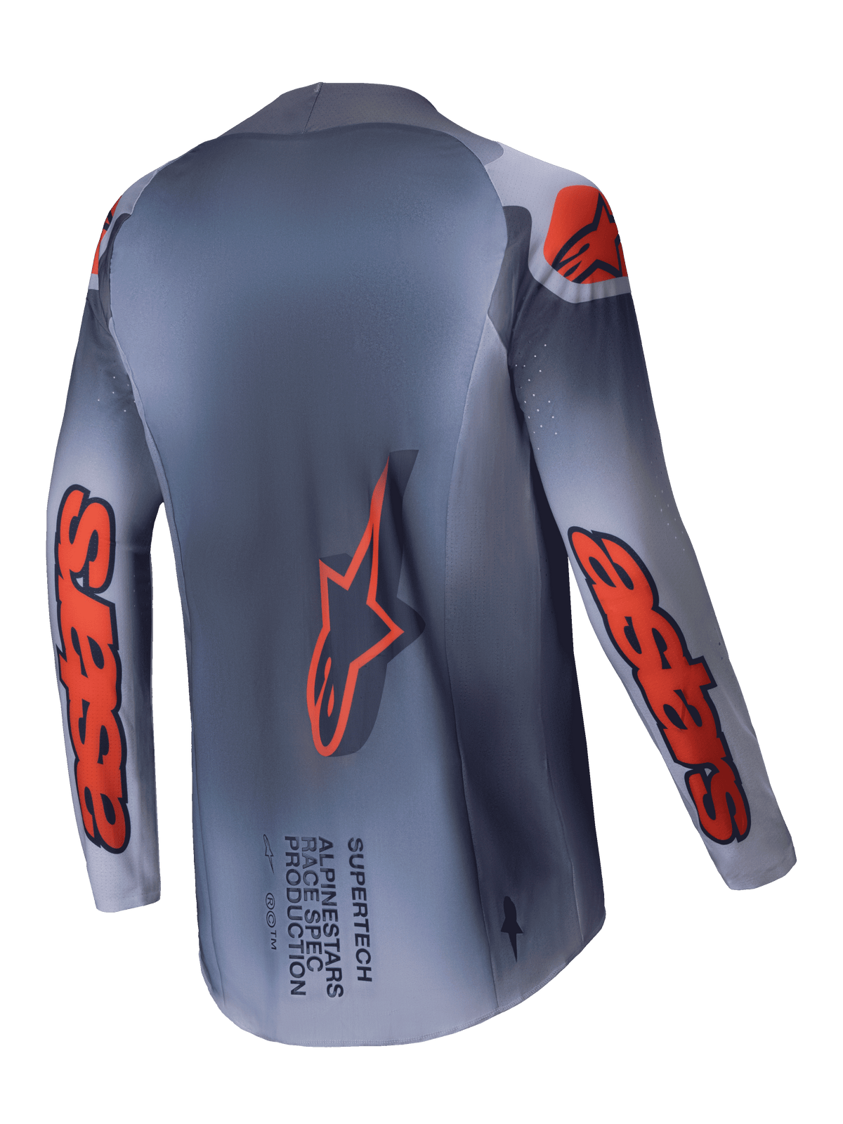 Alpinestars Camisola Supertech Lipan 2025, camisola de motocross para homem, cinzenta e laranja fluo, malha elástica leve com construção Stretchnet e ventilação de corrida, vista traseira