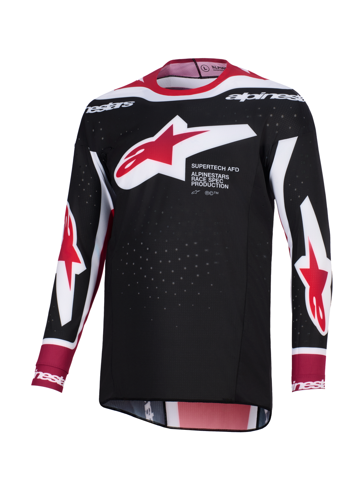 Alpinestars 2026 Supertech AFD Vista Jersey, camisola de motocross, preta, vermelha e branca, com um grande logótipo de estrela da Alpinestars a vermelho e branco no peito e o texto 'Supertech AFD', tecido de malha perfurada para ventilação e um corte atlético de corrida