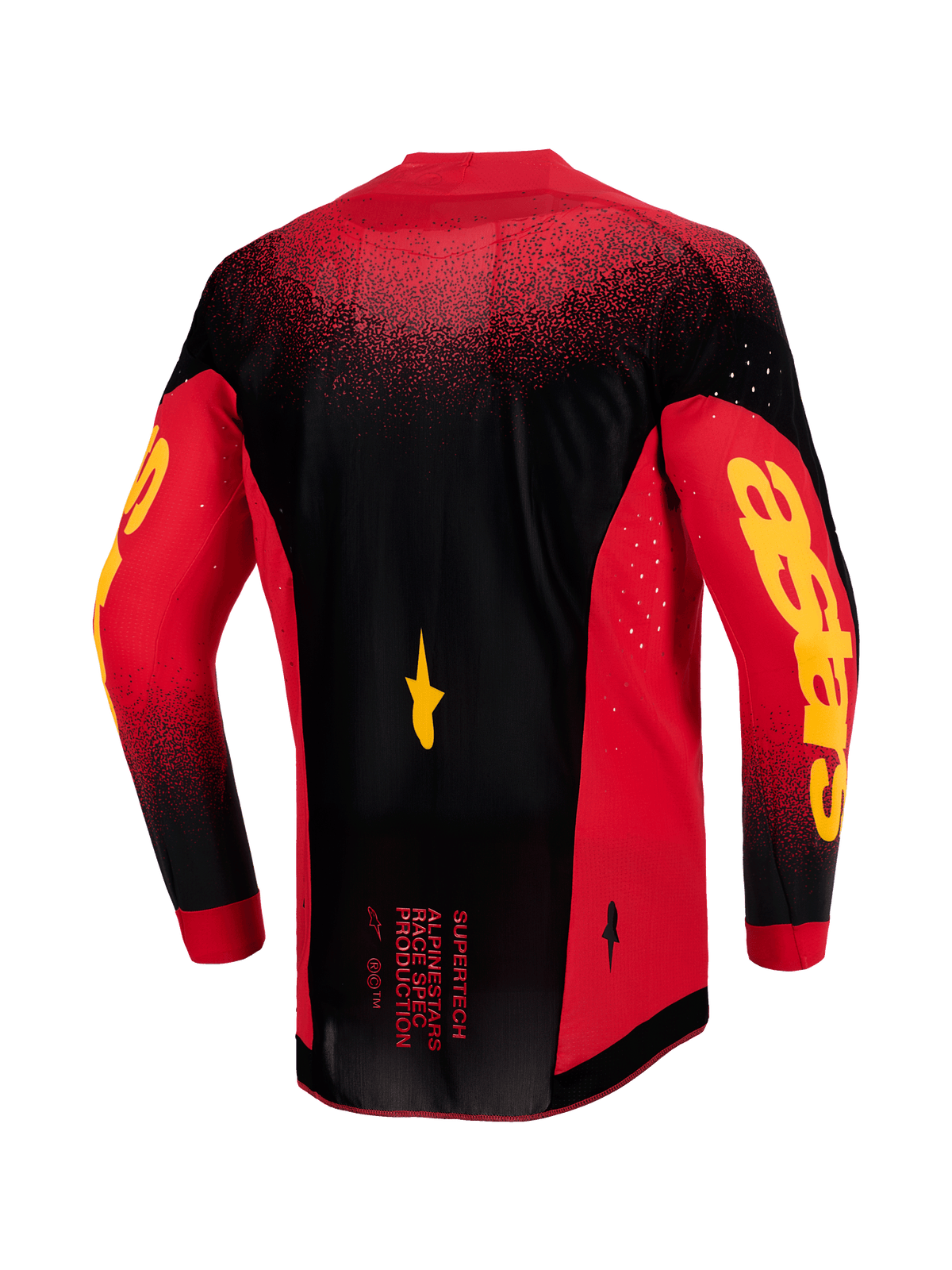 Camisola Alpinestars 2026 Supertech Scenz, vista traseira, vermelha, preta e amarela, camisola de motocross profissional com malha elástica leve, ventilação cortada a laser, logótipos Astars amarelos destacados nas mangas e bainha traseira alongada para performance em corrida