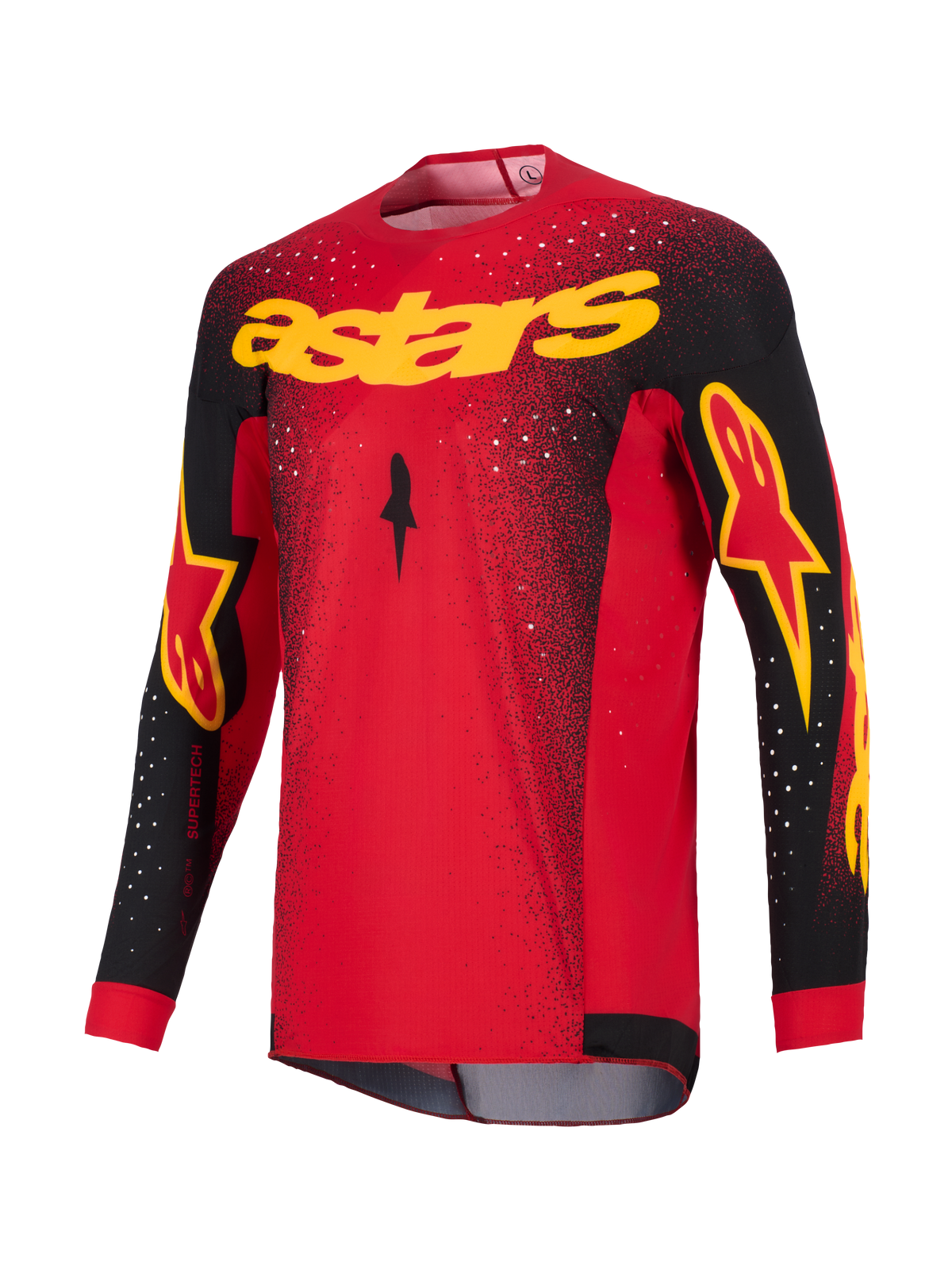 Alpinestars 2026 Supertech Scenz Jersey, camisola de motocross, vermelha, preta e amarela, com a marca 'astars' amarela no peito, mangas pretas com detalhes do logótipo e padrão salpicado branco nos ombros e na parte superior do corpo