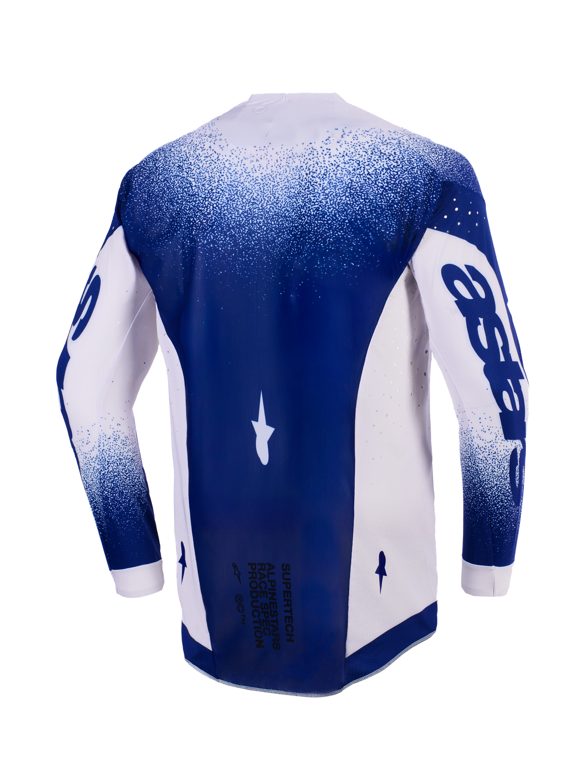 Camisola Alpinestars 2026 Supertech Scenz, vista traseira, cinzento claro e azul escuro, camisola de motocross profissional com perfurações cortadas a laser nos painéis laterais, painel central azul escuro com o texto 'Race Spec' na parte inferior, corte atlético de corrida