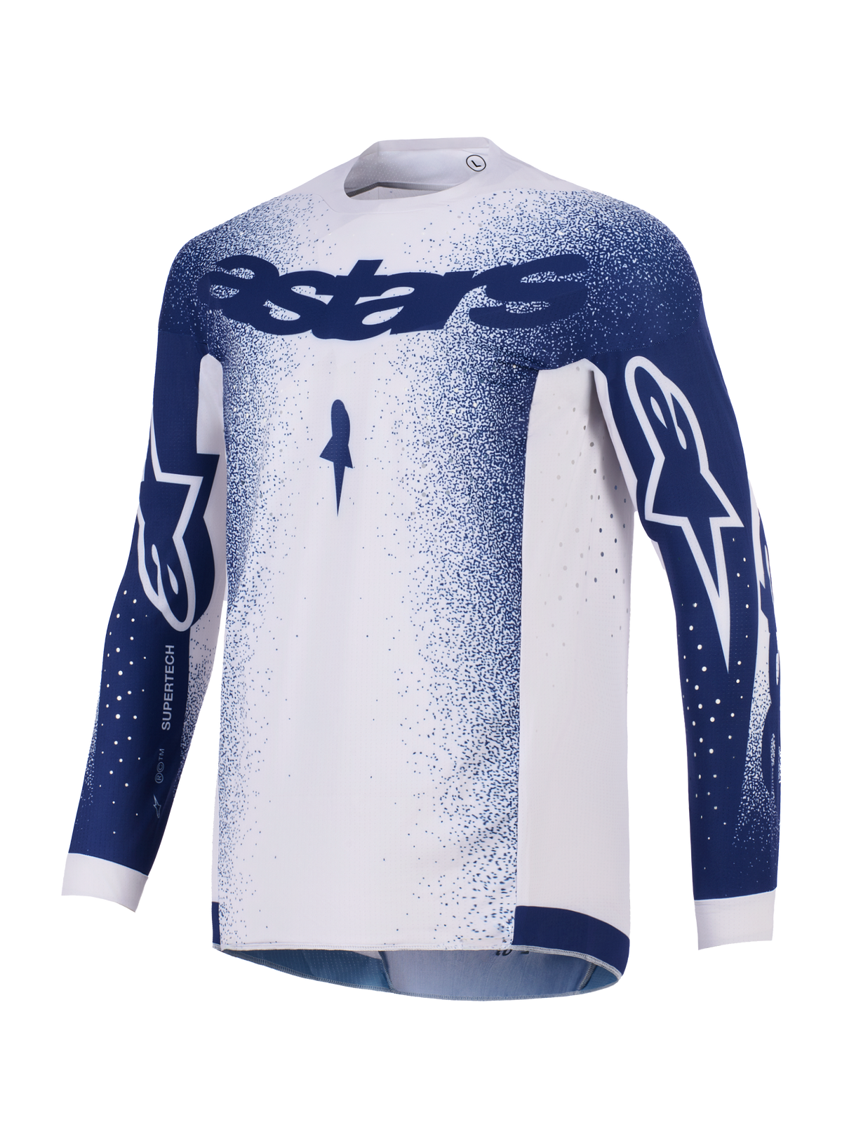 Alpinestars 2026 Supertech Scenz Jersey, camisola de motocross, cinzento claro e azul escuro, com logótipo Astars em azul escuro no peito e mangas, padrão de salpicos em degradê, perfurações cortadas a laser para ventilação, equipamento de corrida off-road de nível profissional