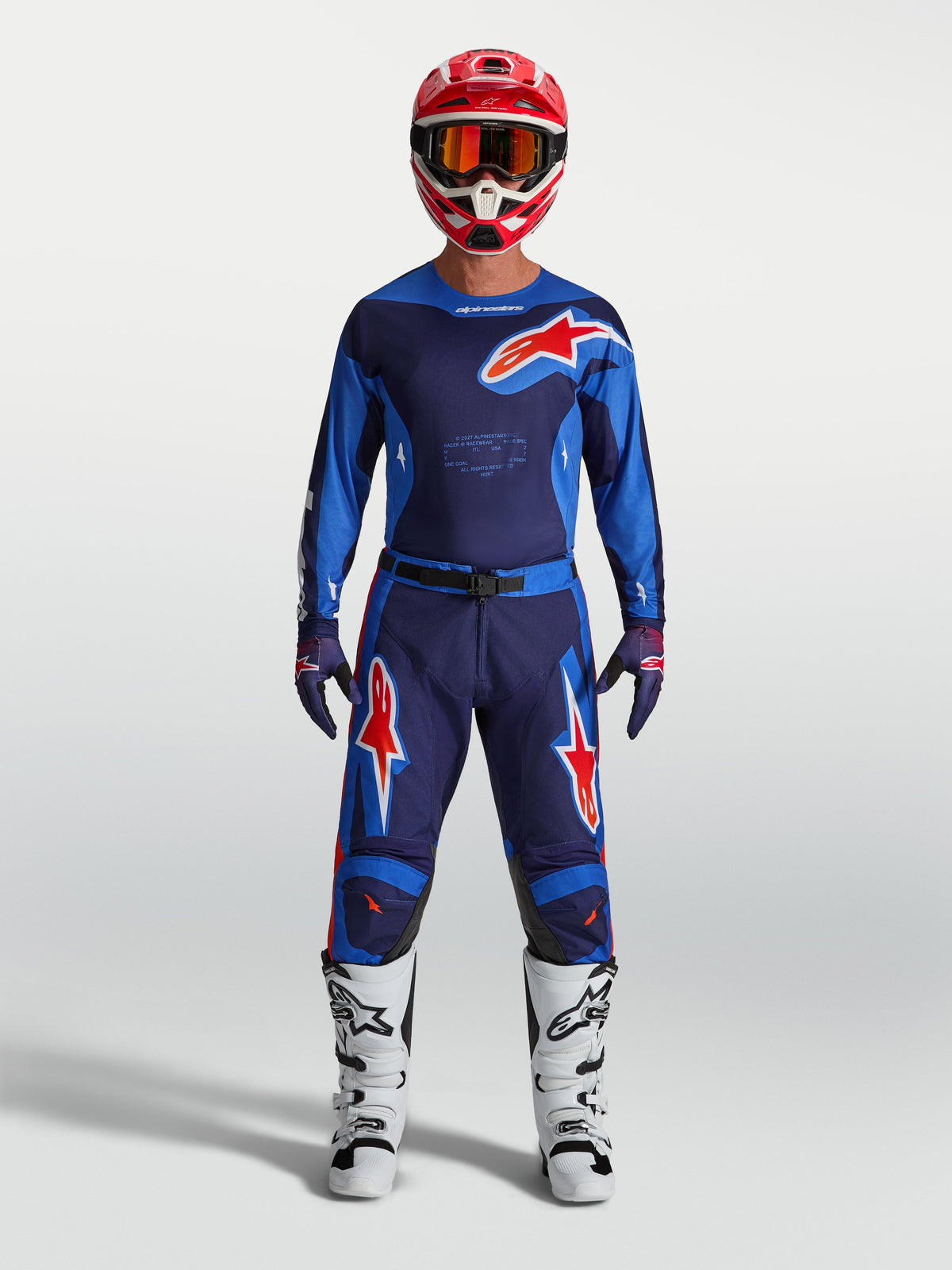 Alpinestars 2027 Racer Hunt Gear Set, blue and red motocross outfit for men with matching jersey, pants, and performance boots.