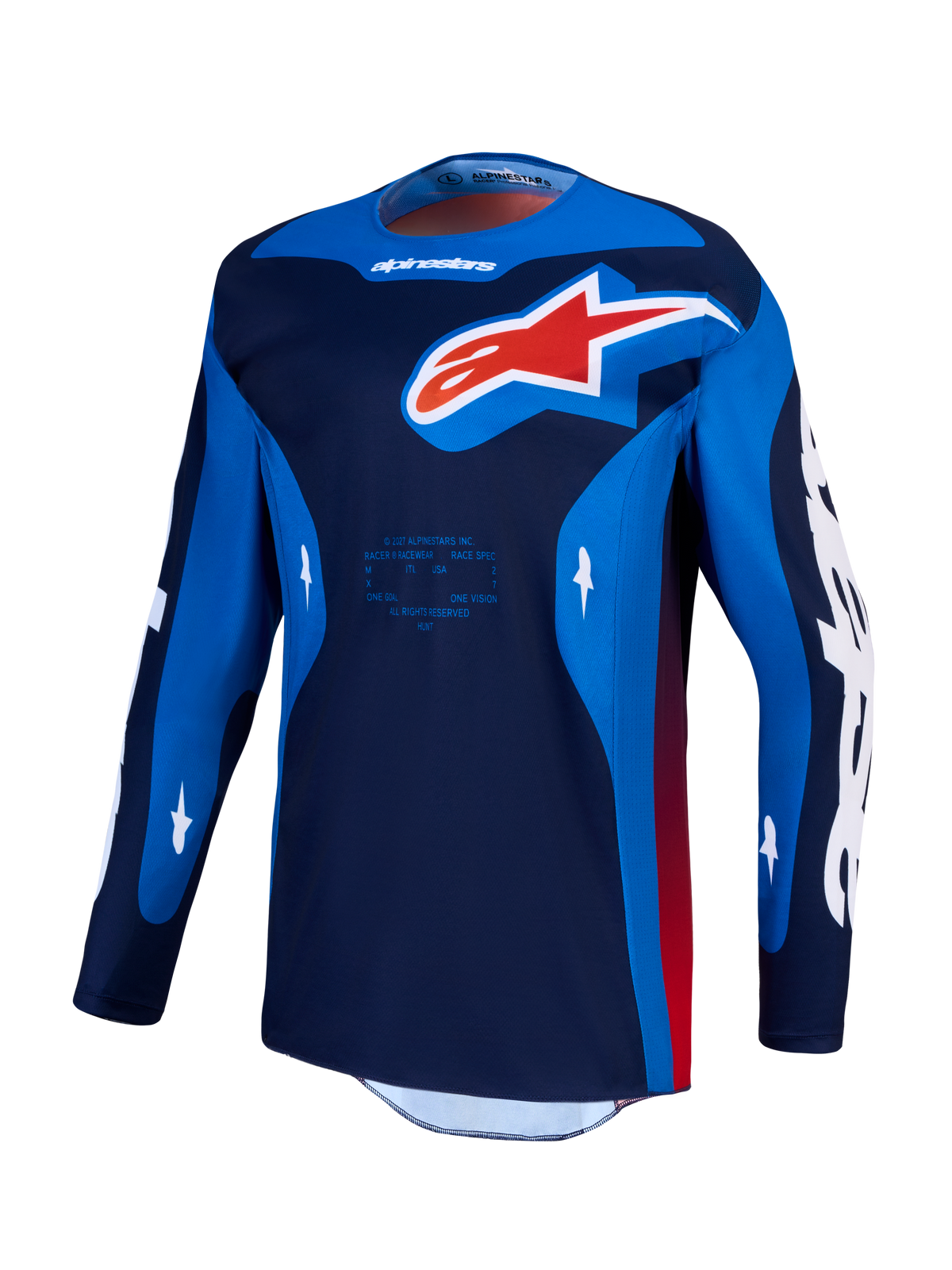 Alpinestars Racer Hunt Jersey, Motocross Performance, Men's, Strong Blue and Red, moisture-wicking polyfabric construction.