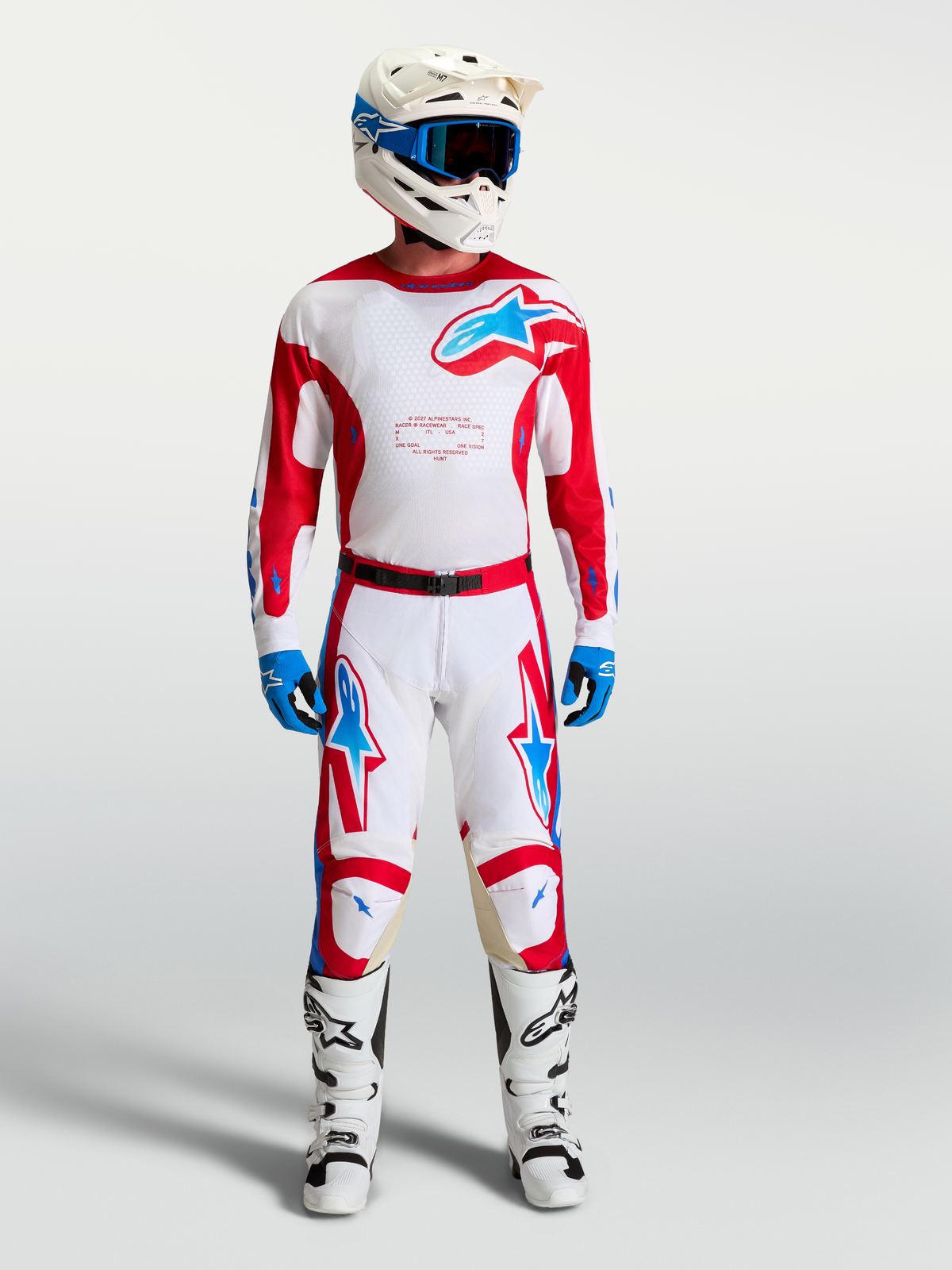 Alpinestars 2027 Racer Hunt Gear Set AND 2027 Racer Hunt Pants, red and white motocross outfit with blue accents.