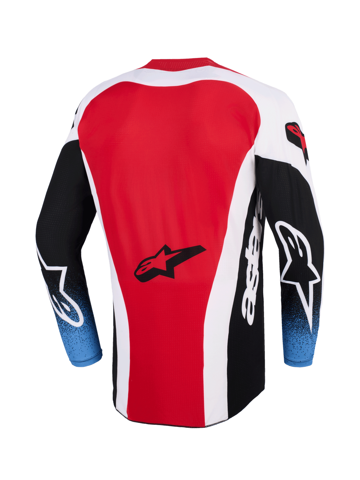 Alpinestars 2026 Techstar Knif Jersey, camisola de motocross, vermelha, branca e preta com mangas em degradé azul, vista traseira mostrando o logótipo de estrela da Alpinestars, perfil traseiro alongado, corte atlético de corrida para competição todo-o-terreno