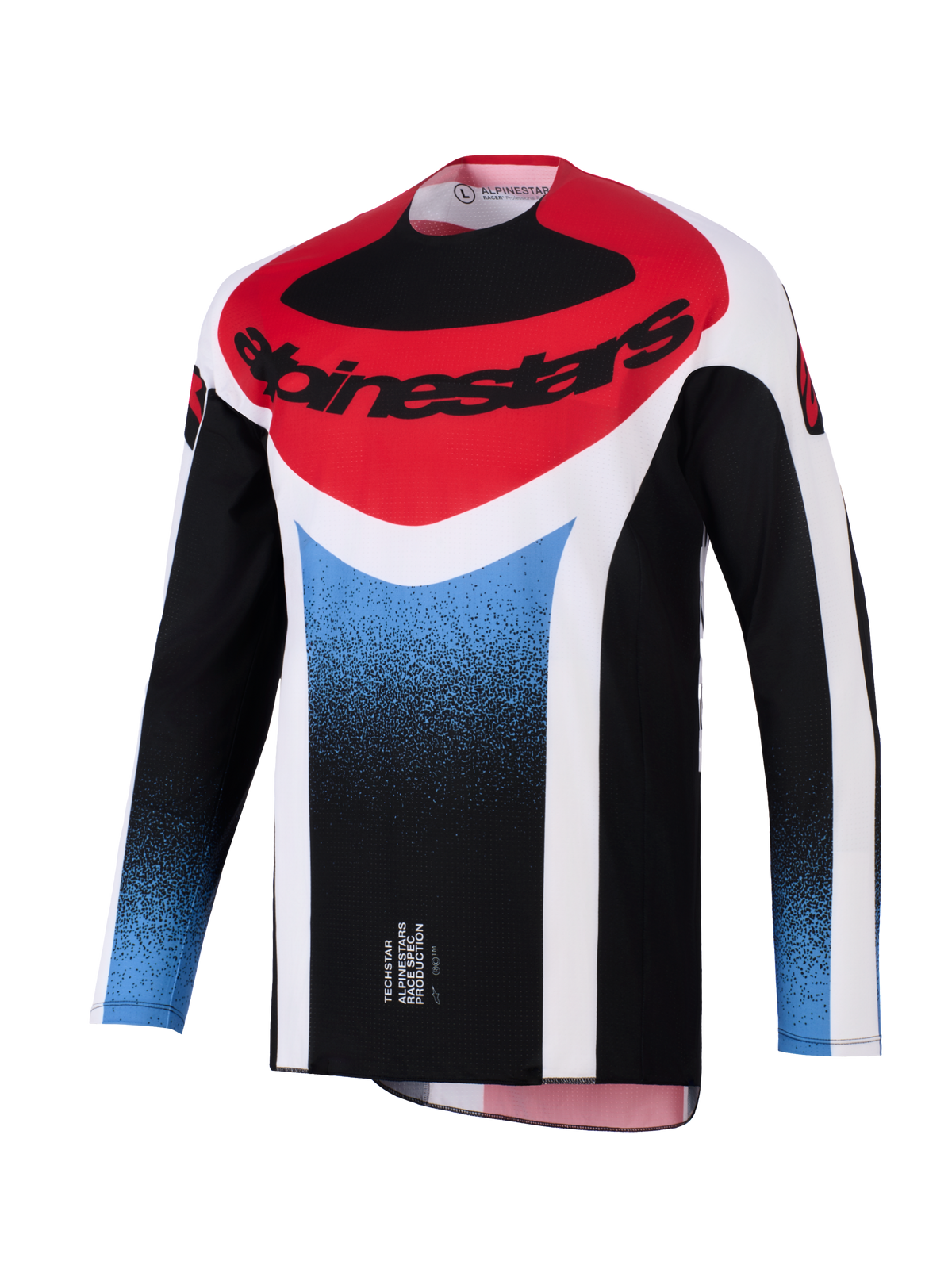 Alpinestars 2026 Techstar Knif Jersey, camisola de motocross, gradiente em preto, branco, vermelho e azul, corte atlético de corrida, equipamento de performance de manga comprida com logótipo Alpinestars em destaque no peito