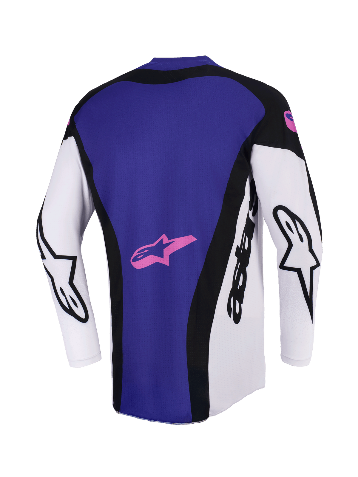 Camisola Alpinestars 2026 Techstar Knif, camisola de motocross, preto, cinzento claro e roxo, vista traseira com um grande painel traseiro roxo e logótipo de estrela cor-de-rosa, mangas brancas com a marca Alpinestars em preto, ajuste atlético de corrida