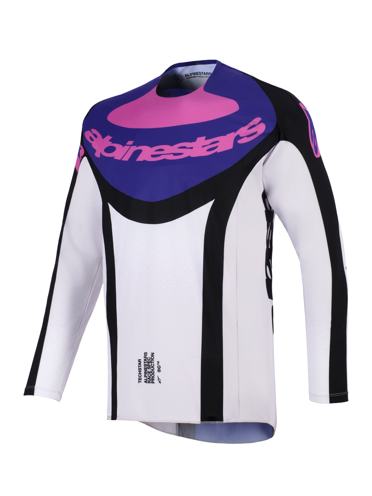 Alpinestars 2026 Techstar Knif Jersey, camisola de motocross, preta, cinzento claro e roxa, com um painel roxo no peito com a marca Alpinestars em rosa, pormenores laterais pretos e tecido leve com absorção de humidade para desempenho em todo-o-terreno